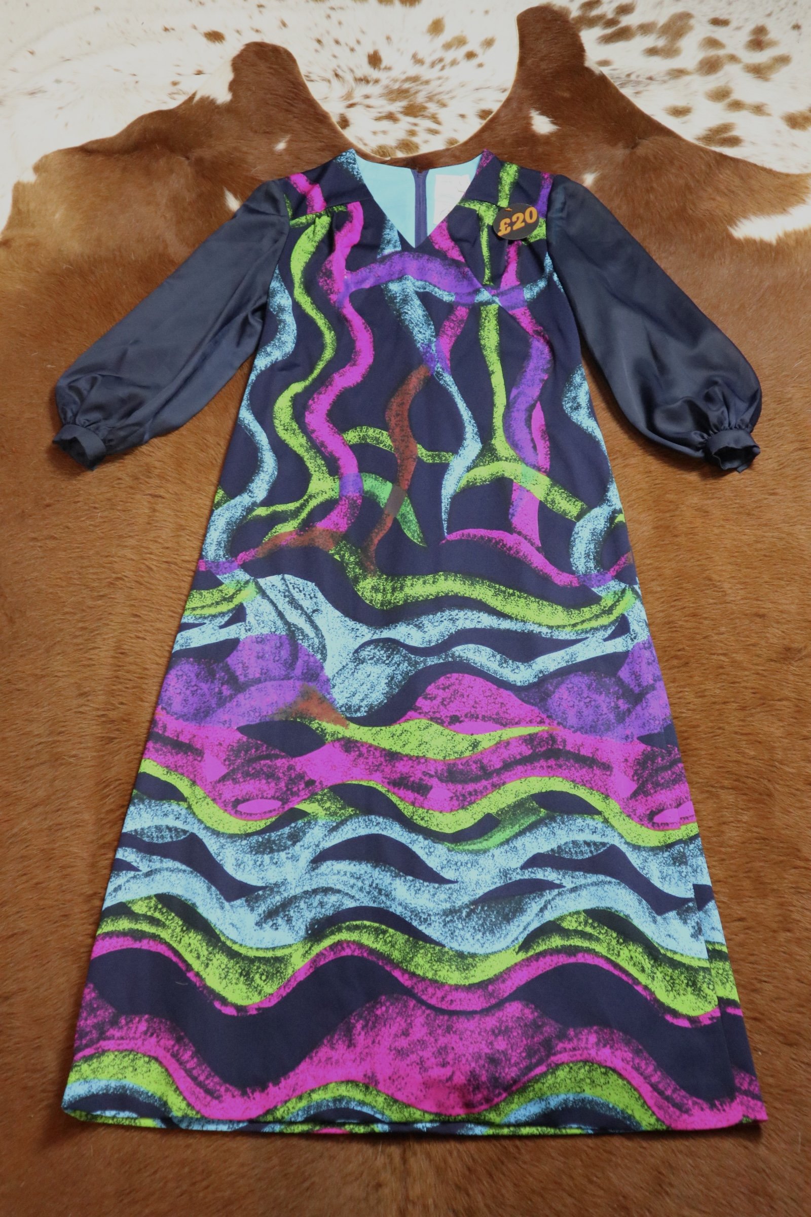 VINTAGE 60S 70S NAVY BALOON SLEEVES PSYCHEDELIC MAXI DRESS - MEDIUM