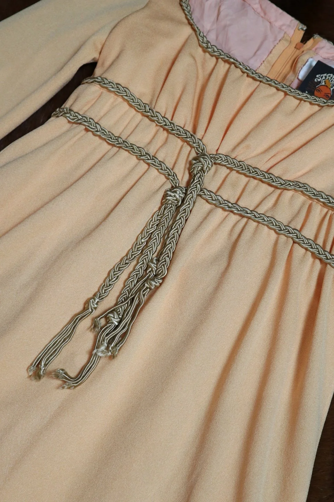VINTAGE 70S FRANK USHER APRICOT AND GOLD ROPE TRIM GRECIAN MAXI DRESS - 3.jpg