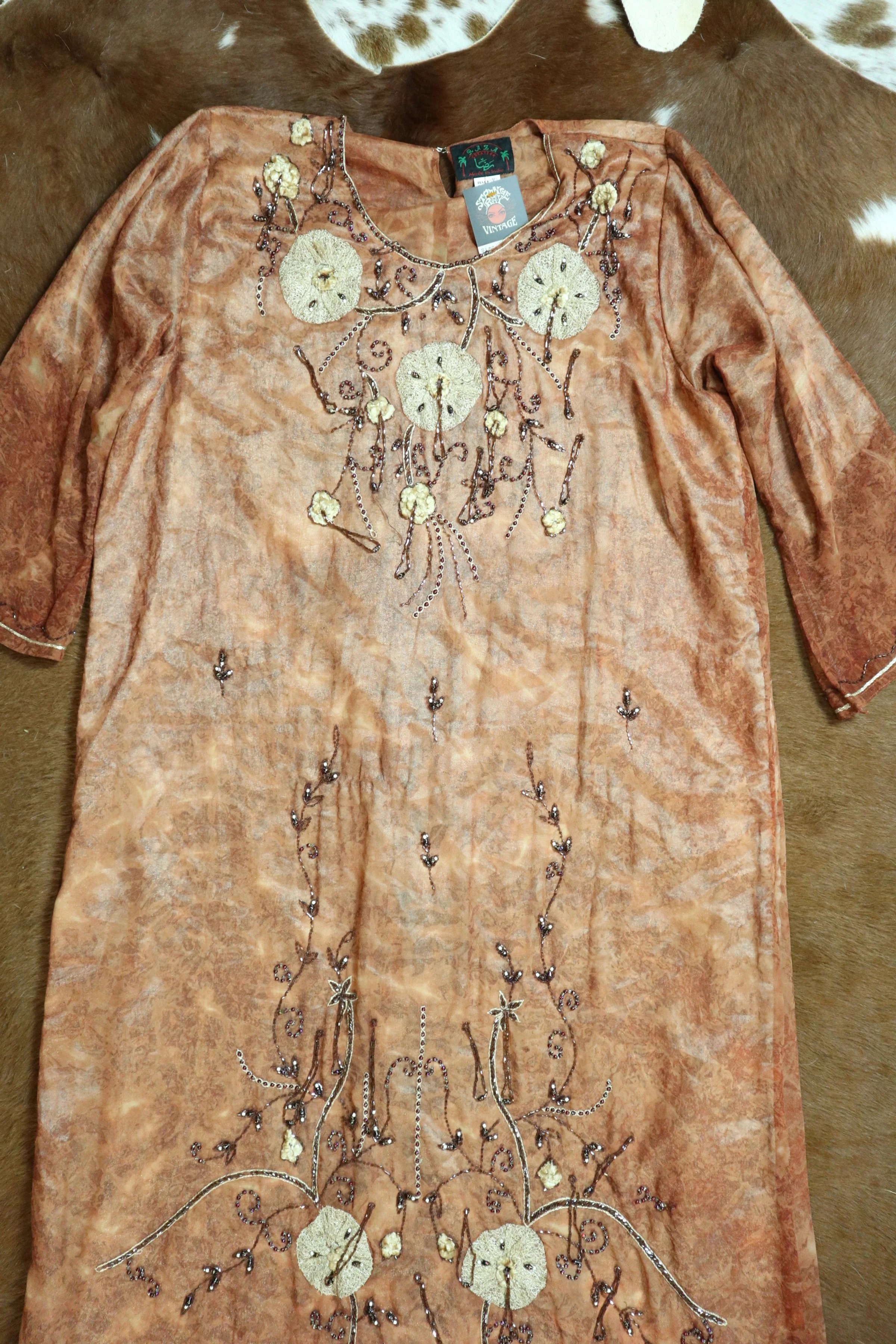 VINTAGE 70S BROWN BEADED EMBELLISHED TEXTURED KAFTAM DRESS - 2.JPG