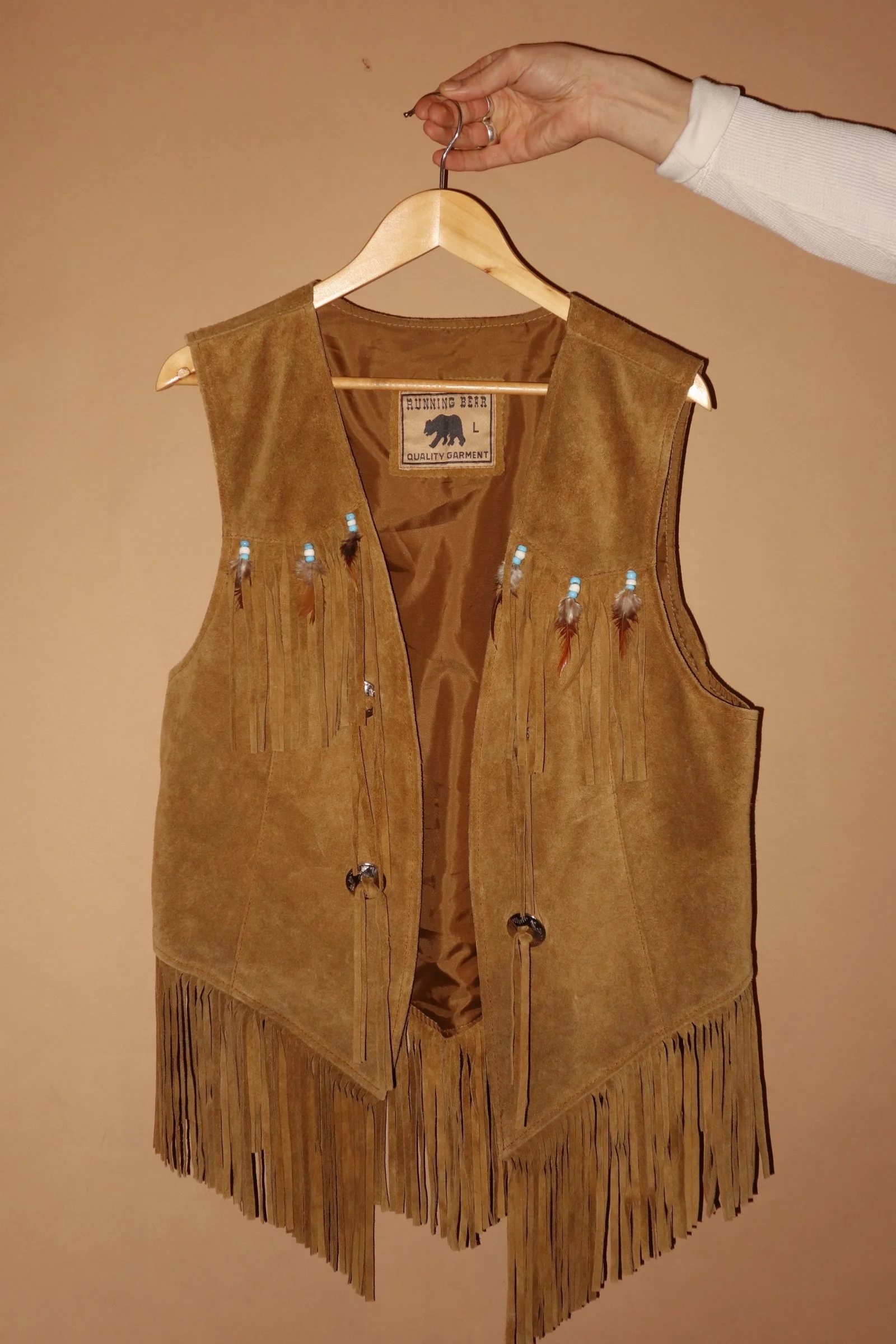 VINTAGE 70S TAN SUEDE FRINGED FEATHER TRIM WAISTCOAT VEST - LARGE.JPG