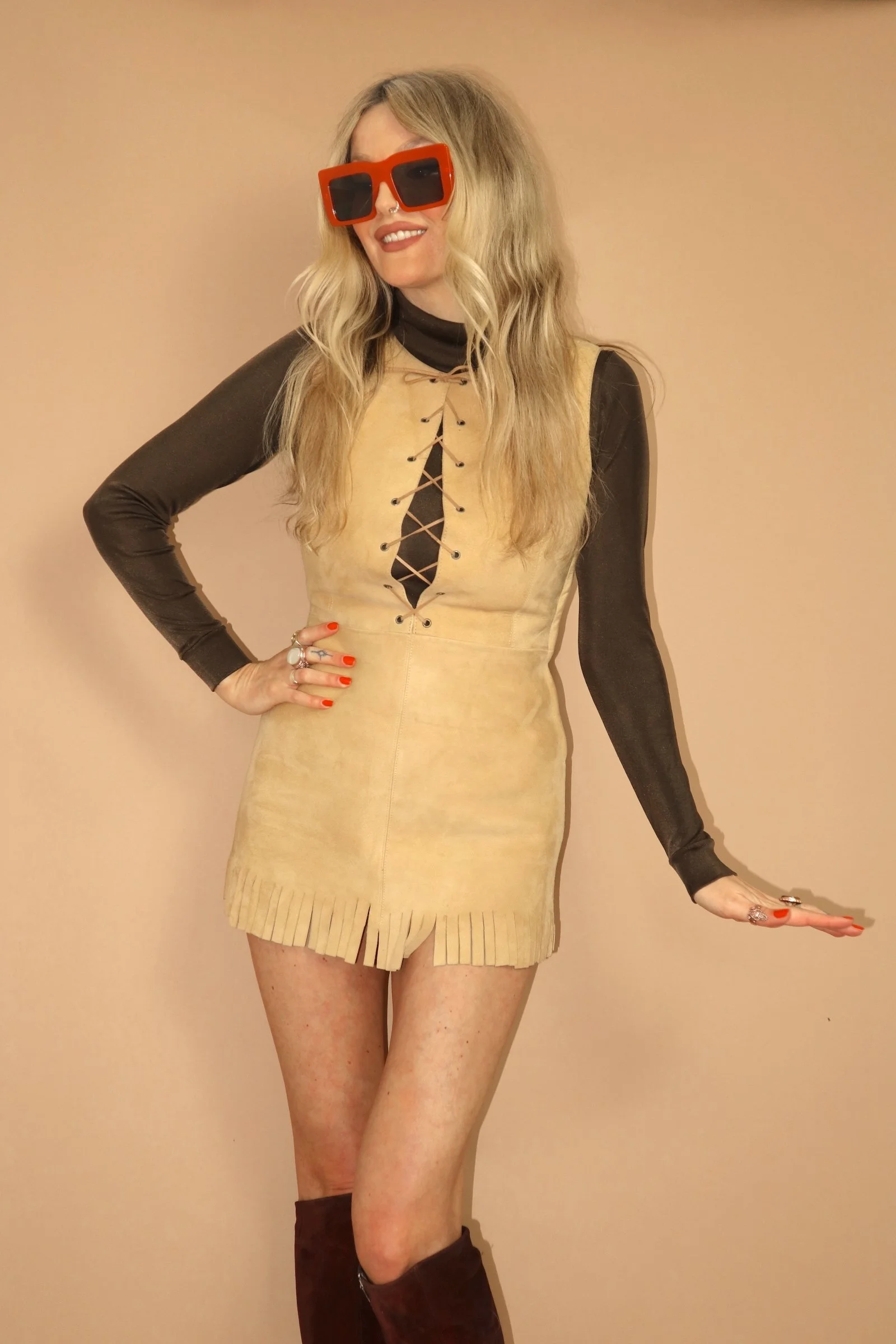 VINTAGE 60s DAVID CONRAD GENUINE SUEDE LEATHER FRINGED MINI DRESS - SMALL.JPG