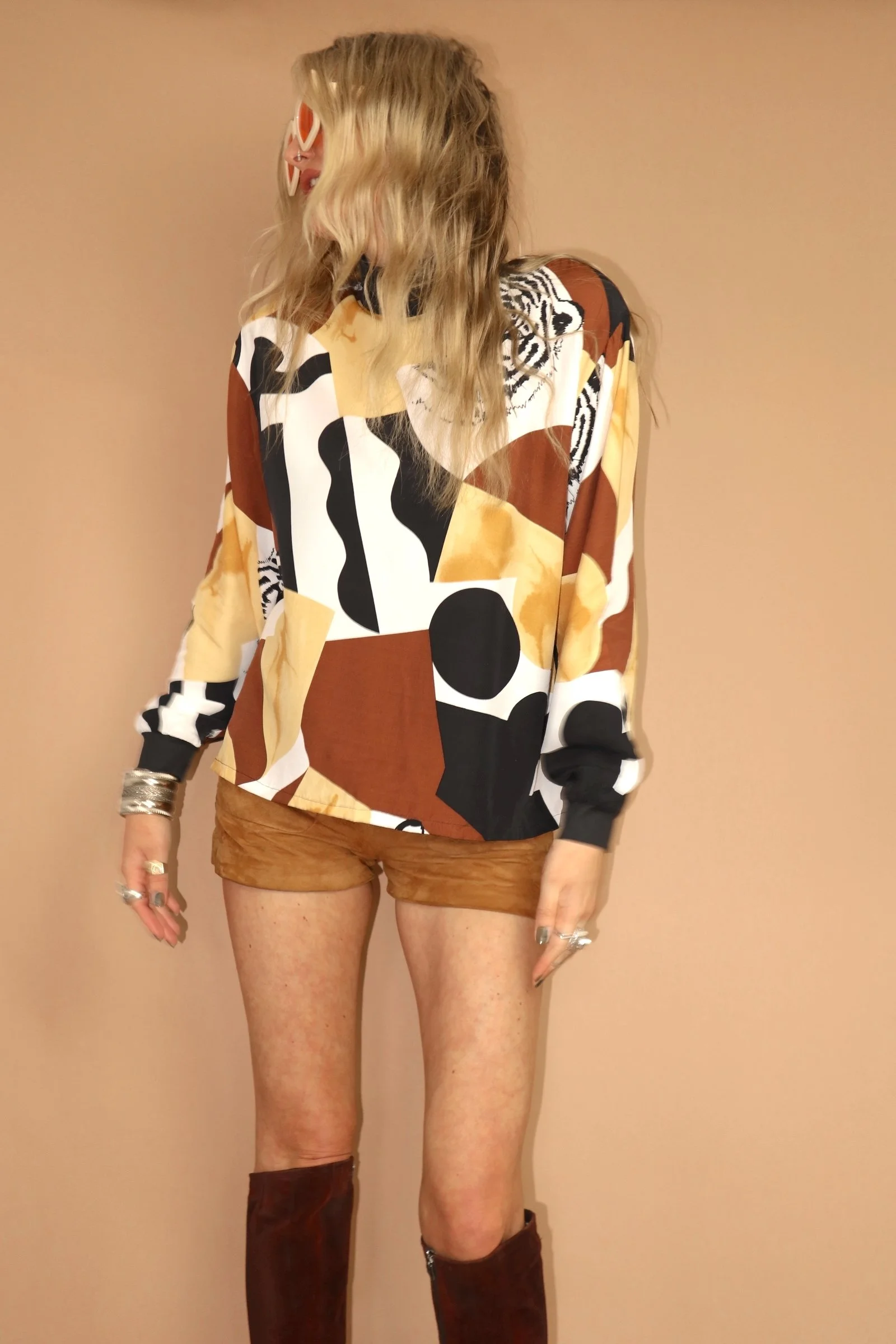 VINTAGE 80s ABSTRACT ANIMAL PATTERN HIGH NECK SHIRT BLOUSE - LARGE.7.JPG