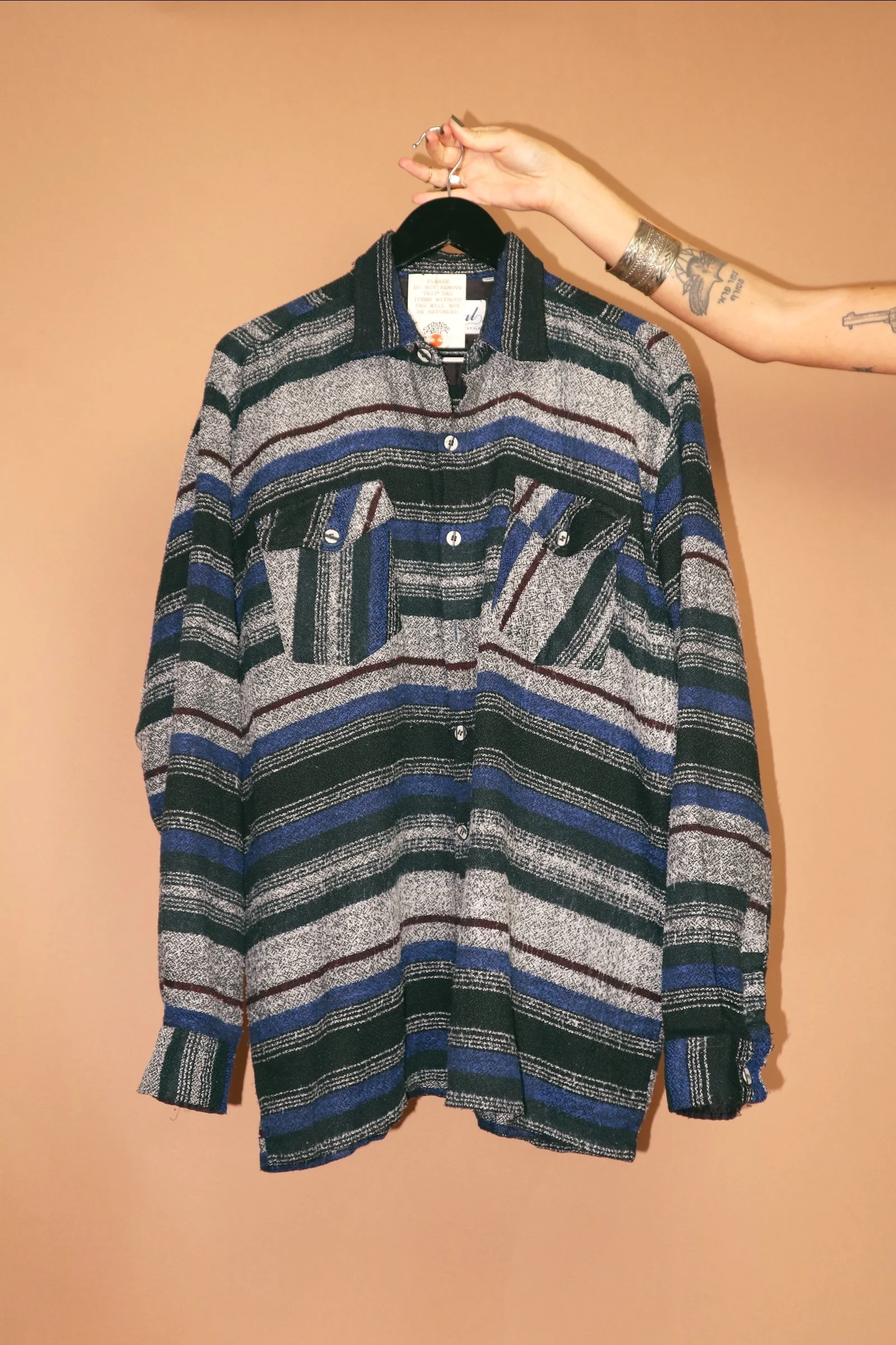 VINTAGE PLAID FLANNEL BLUE STRIPED UNISEX OVER SHIRT - LARGE.2.JPG