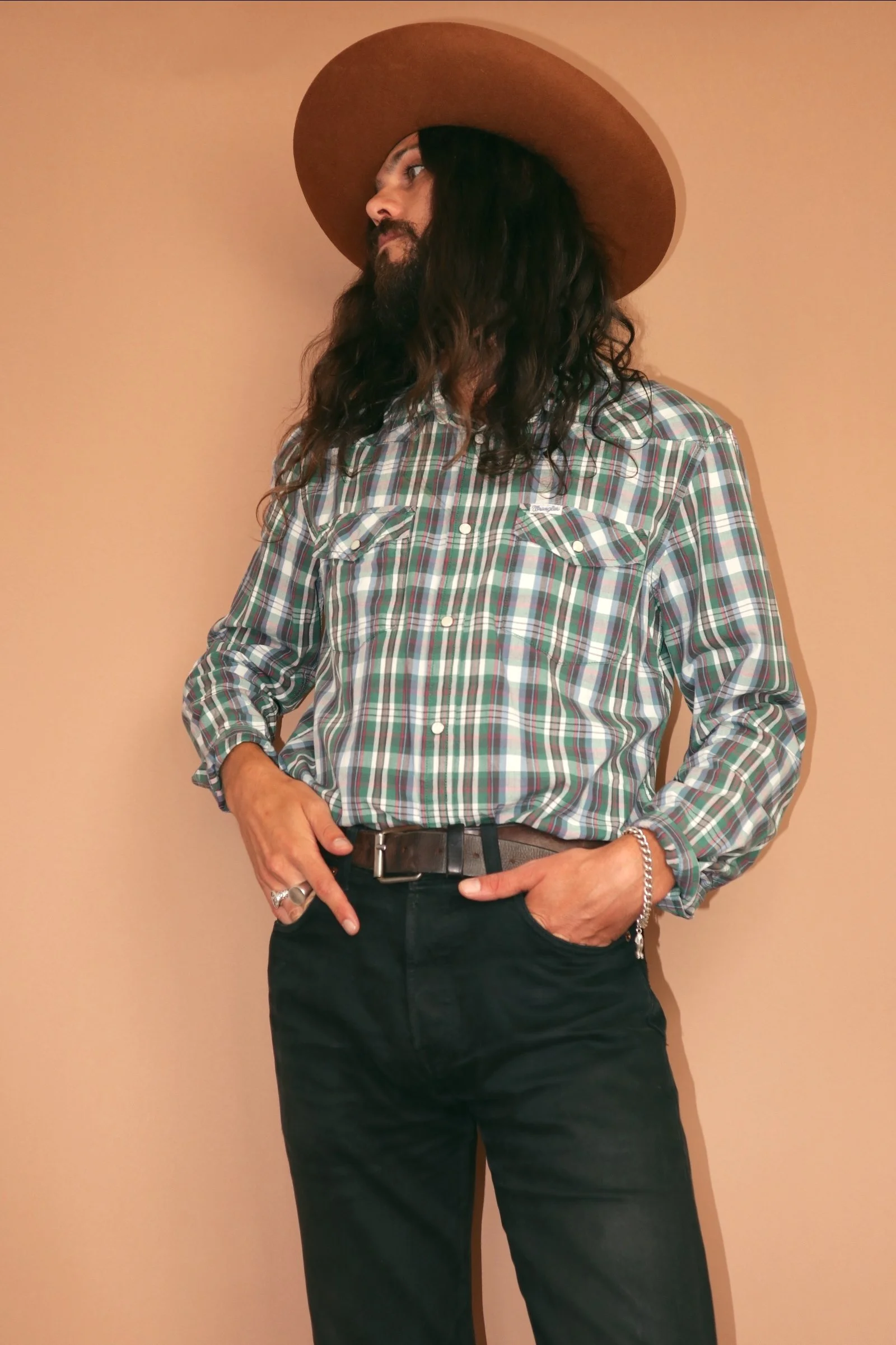 VINTAGE WRANGLER SLIM FIT GREEN PLAID WORK WESTERN SHIRT - XL.1.JPG
