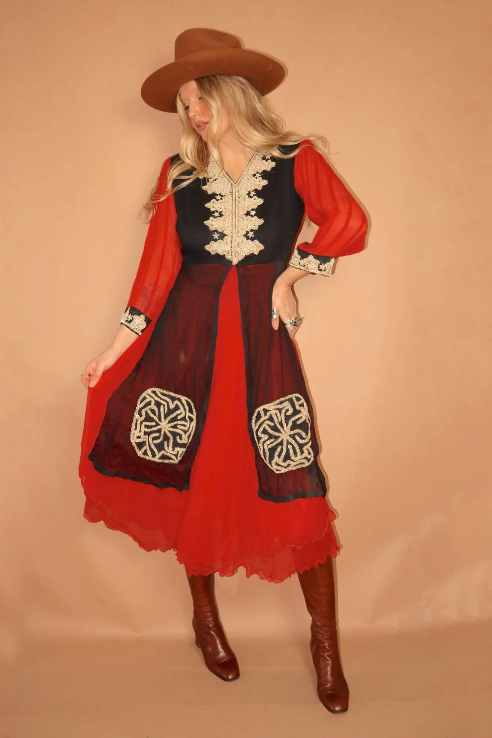 VINTAGE 70s BLACK & CRIMSON RED SHEER GOLD BEADED INDIAN BOHO DRESS -  MEDIUM  Strange Ray Vintage