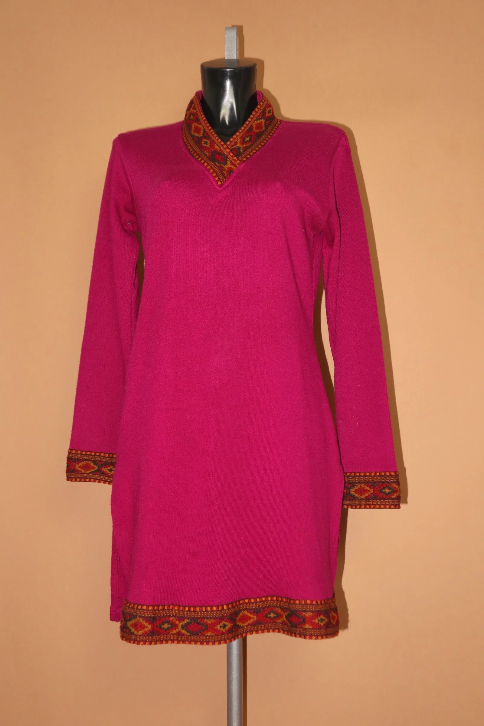VINTAGE 60S 70S MAGENTA PURPLE JERSEY ARIZONA BORDER TRIM TUNIC TOP DRESS - .JPG