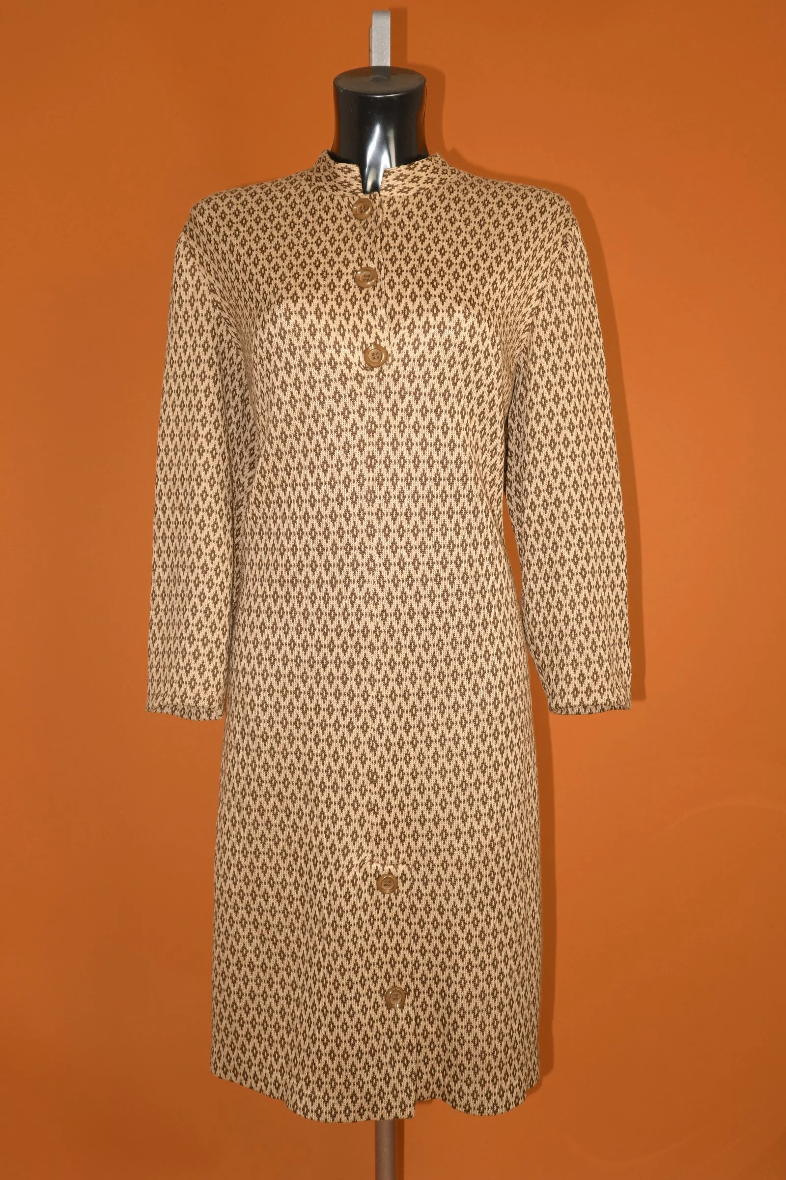 VINTAGE 70s COSY GOLD BROWN WOOL KNITTED TUNIC BUTTON DRESS - LARGE.1.JPG