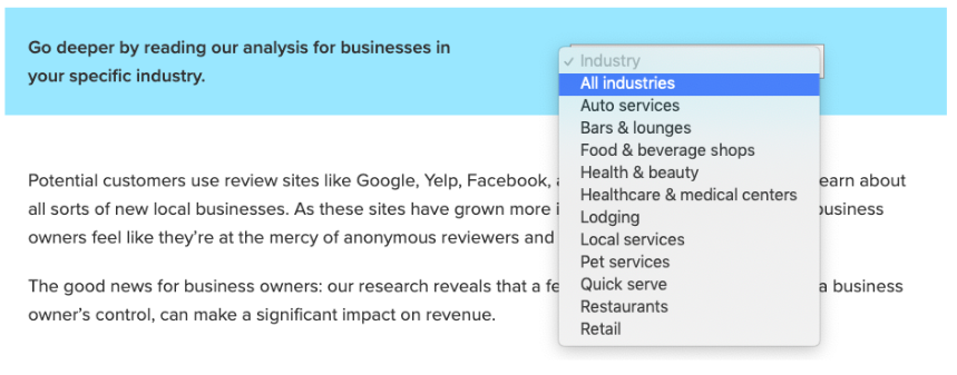 Image 1: Dropdown menu for selecting your industry from the Womply study