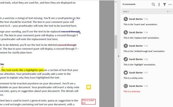 Annotations and comments pane in Adobe Acrobat Reader DC