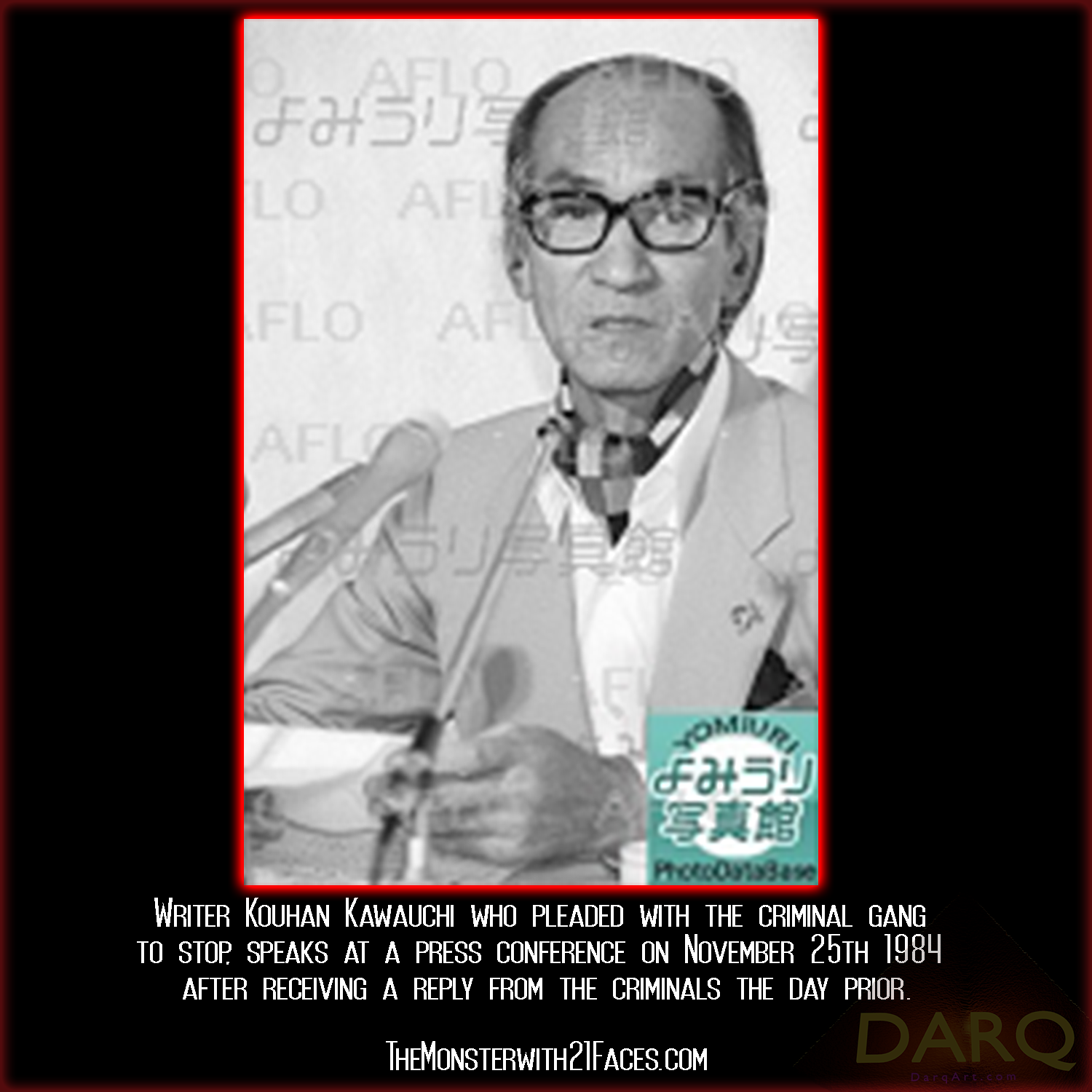 Writer Kouhan Kawauchi speaks at a press conference on November 25th 1984 after receiving a reply from the criminals the day prior..png