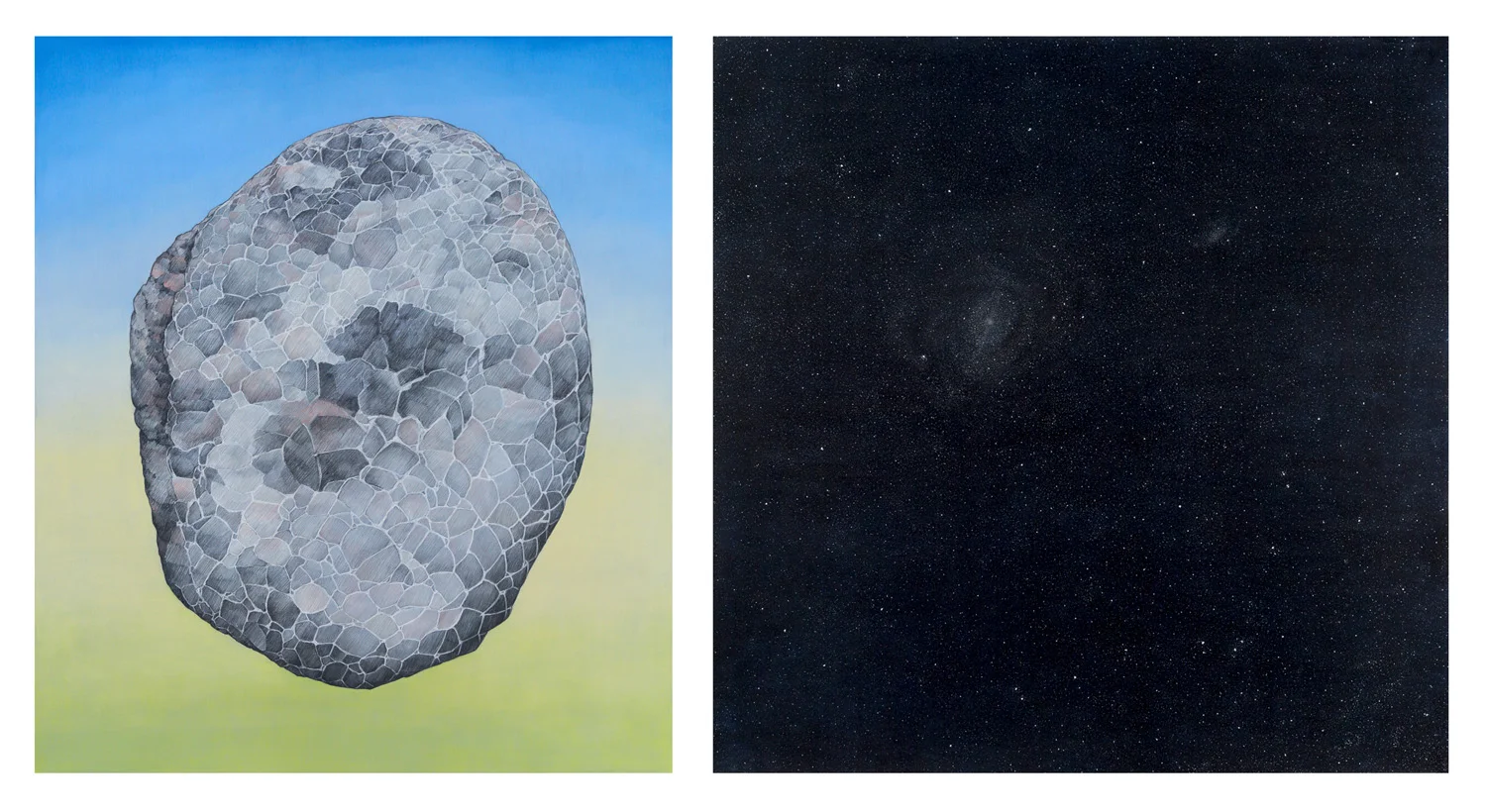 A Time Apart (3), diptych. Pastel pencils and gouache on paper. 40" x 35" and 40" x 40". 2016. Left panel depicts a 70-million-year-old Hadrosaur egg. The right panel depicts the barred spiral galaxy NGC 4639, which is 70 million light years away. The fossil is in a private collection and the galaxy is in the sky.