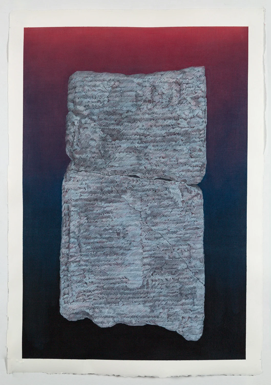 Ancient Lunar Eclipse Cuneiform Tablet . Pastel pencils and gouache on paper. 27" x 17". 2016 This drawing represents an ancient Babylonian clay tablet that refers to a lunar eclipse between the 14th and 21st days of the month. Object is in the British Museum, object number ME. 16775.