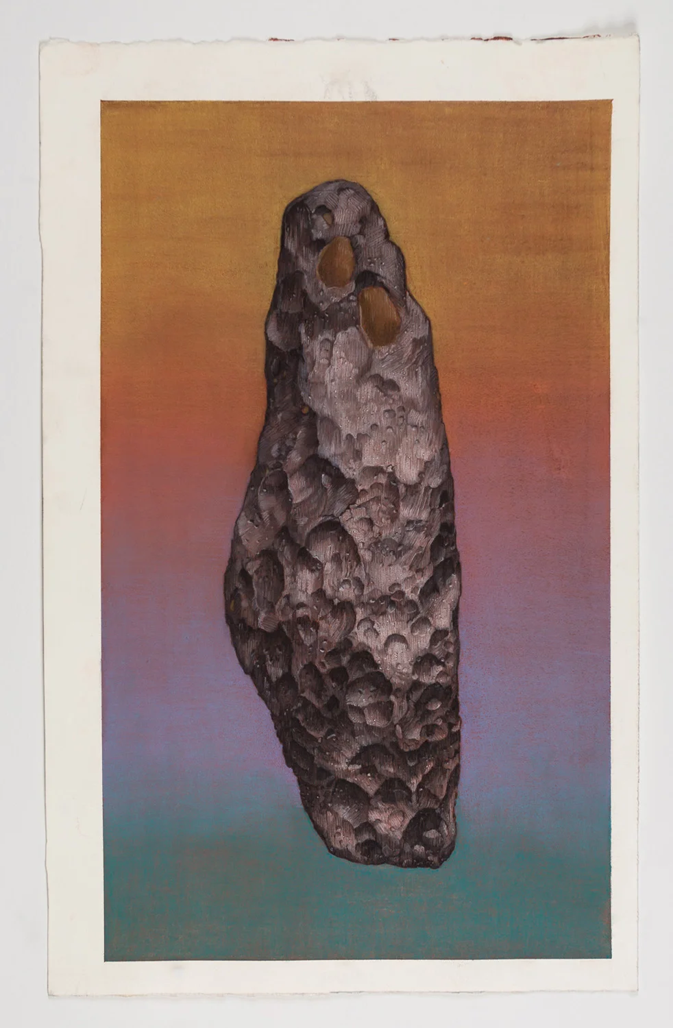 Tektite, Indochinite . Pastel pencils on hand-toned paper, 10” x 16”. 2015 Tektites are formed when a meteorite collides with the earth with such force that it liquefies upon impact, then mixes with earth material and is thrown at high speed into the upper atmosphere. During this time the material cools and hardens, usually in a teardrop or dumbbell shape. Object is in a private collection.