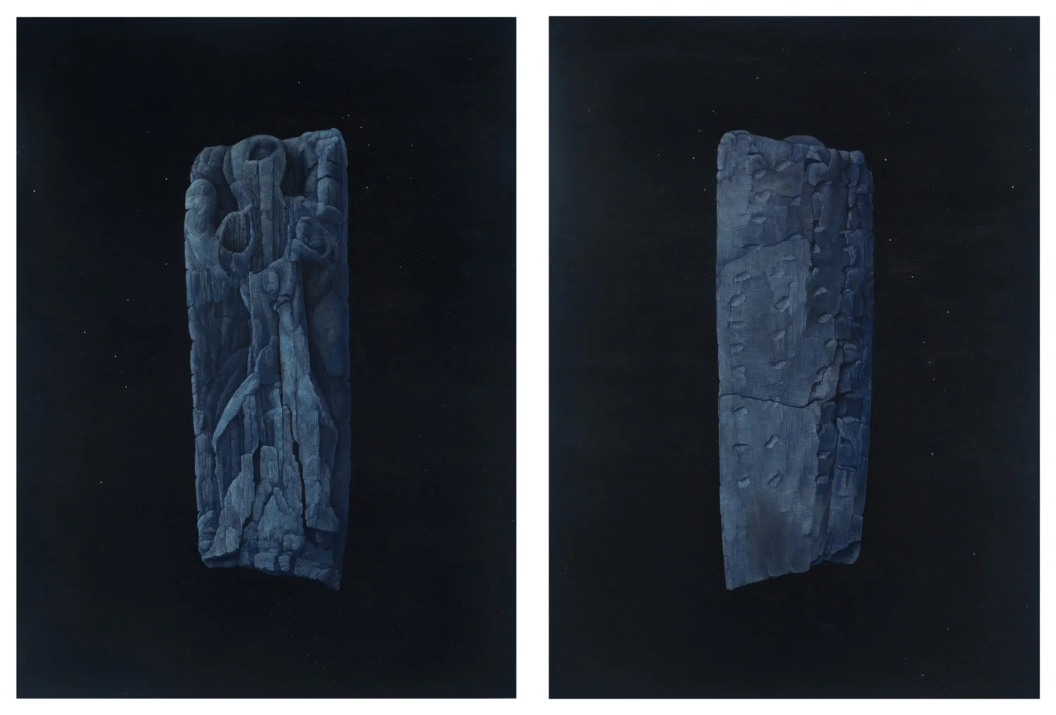 Orion Star Map, diptych. Charcoal pencils on hand-toned paper. 64”x 23”. 2015 In this drawing the image of an archaeological object called the Adorant (one of the oldest known representations of the human form, dated c. 35,000 BCE and thought to be the first star chart following the movements of the Orion constellation) is superimposed against the image of the constellation Orion. The right panel of the diptych represents the back side of the carved mammoth tusk found in Germany in 1979. It depicts the 86 notches carved into the ivory, thought to represent the 86 days the Orion constellation is visible in the northern hemisphere. This longstanding tradition of seeing images of mankind in the sky, and conjuring stories about how stars came to be where they are, is a beautiful record of human beings trying to understand the vast world around them. Object is in the Württemberg Landesmuseum, Stuttgart.