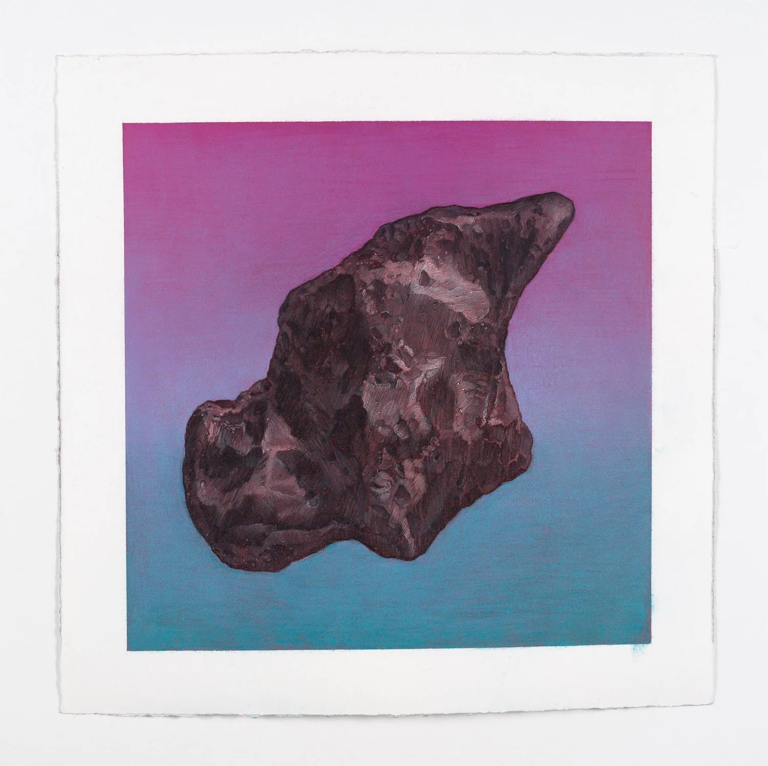Sikhote-Alin Meteorite . Pastel pencil on hand-toned gouache paper. 10" x 10". 2016. This drawing represents a fragment from the 1947 Sikhote-Alin meteorite strike in Siberia. When this meteorite entered earth’s atmosphere, it exploded in mid-air, creating a sonic boom across the continent. Object is owned by the artist.
