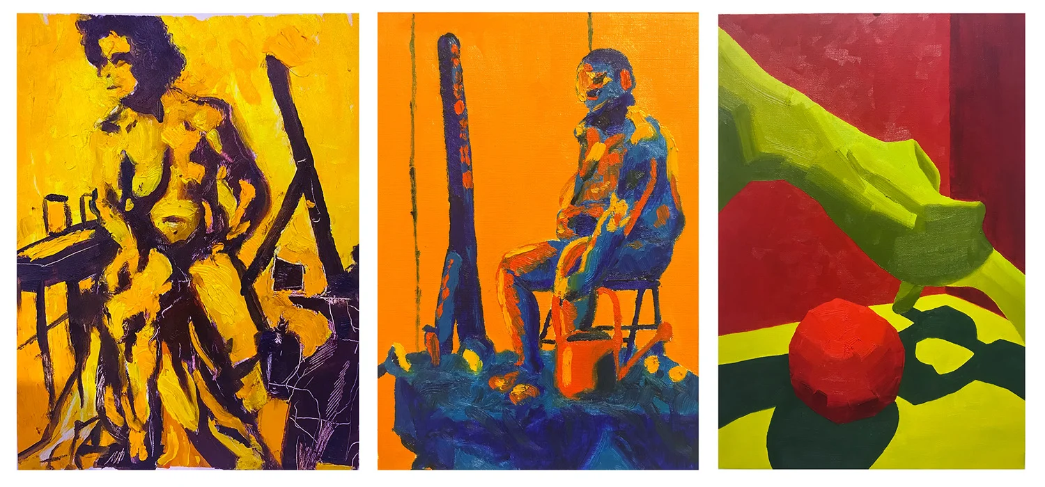 11. In-class assignment: Complimentary colors with little or no white. by Jordan, Jake, Carly, (left to right). 3 hours. 2018. 9” x 12” Painting Marathon and Fundamentals of Oil Painting, RISD