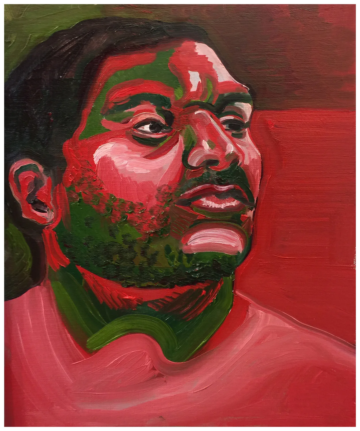 Sophia A. In-class assignment: Complementary colors w/ limited-no white, 1 hour. Oil paint on canvas paper. 2018. 9” x 12”