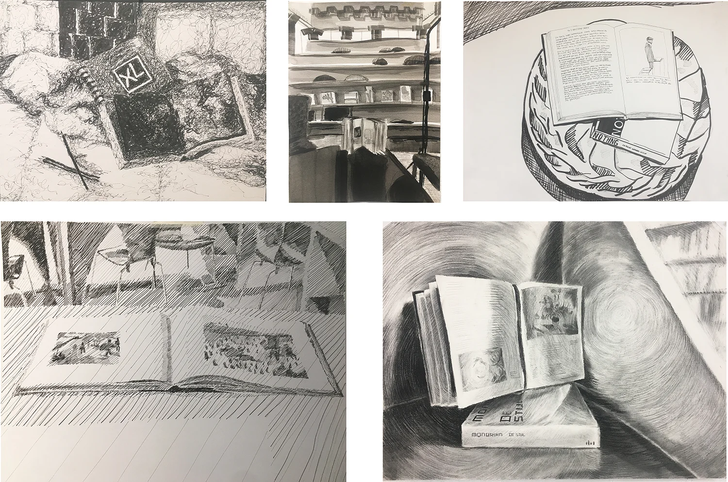 04. Week 1 homework assignment: Open Book. by Mark, Jada, Izzy, Jazzmin, Scarlet. Pen on paper. 2018. 18” x 24” each Drawing Fundamentals for Sculpture Majors, RISD