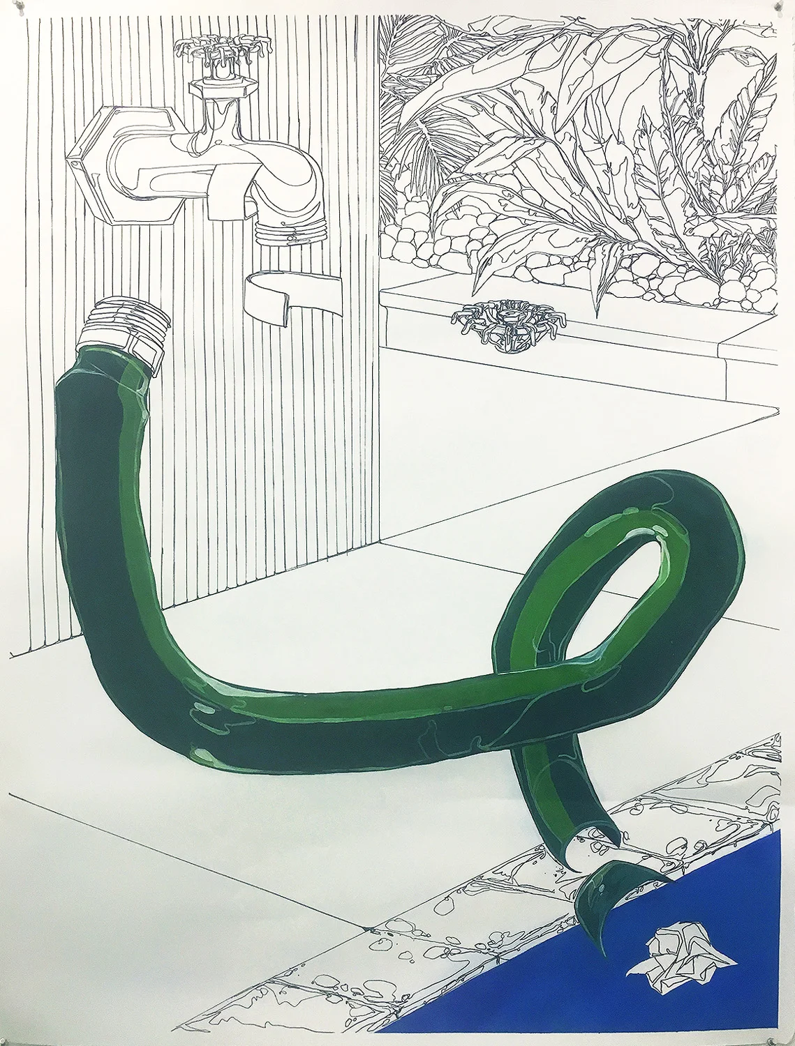 06. Final assignment, by Ester. Ink and gouache on paper. 2018. 36” x 48” Drawing Fundamentals for Sculpture Majors, RISD Respond to a work of art in the RISD Museum. This is a response to Micheal Owen’s Don’t Tread on Me
