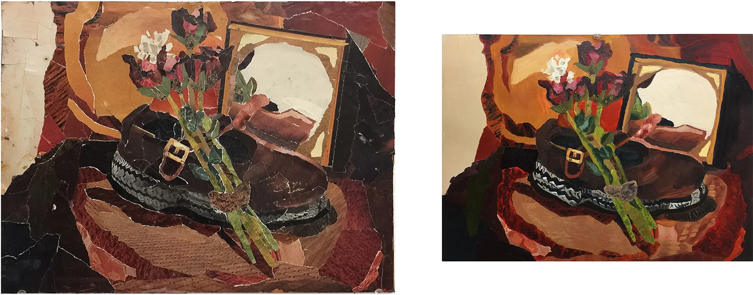 12. Week 1 homework assignment: Torn Paper Collage. by Sophia A. Torn magazines and oil paint on canvas paper. 2018. 11” x 14” each Painting Marathon, RISD Set up a still life of several objects, then make a torn paper collage of your still life. Once your torn paper collage is finished, make an oil painting of your collaged image.