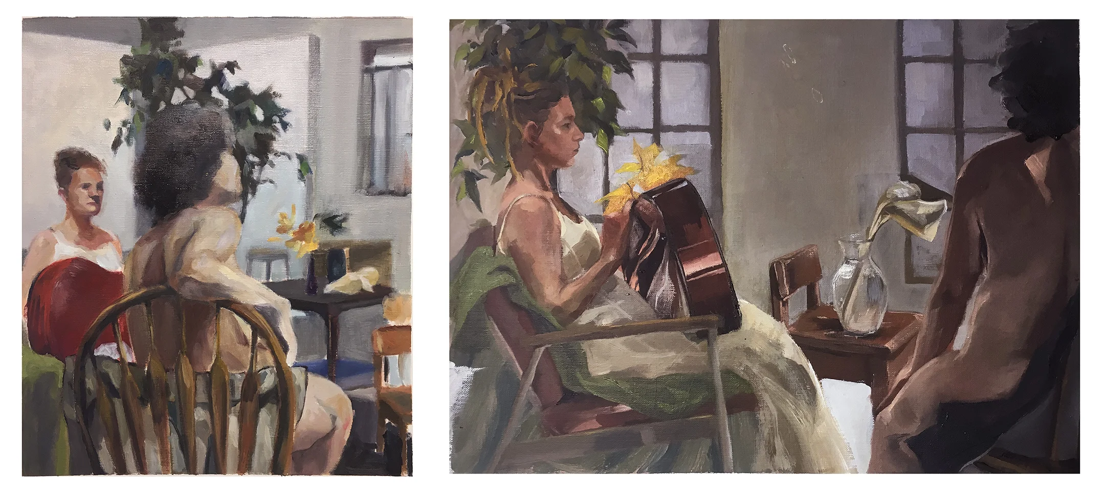 17. Week 6-9, in-class assignments on skin tone. By Joohyung (left), Pearl. Oil paint on canvas. 2018. 16" x 20", 9" x 12". Painting 1: Color Perception and Expression, Illustration Department, RISD.