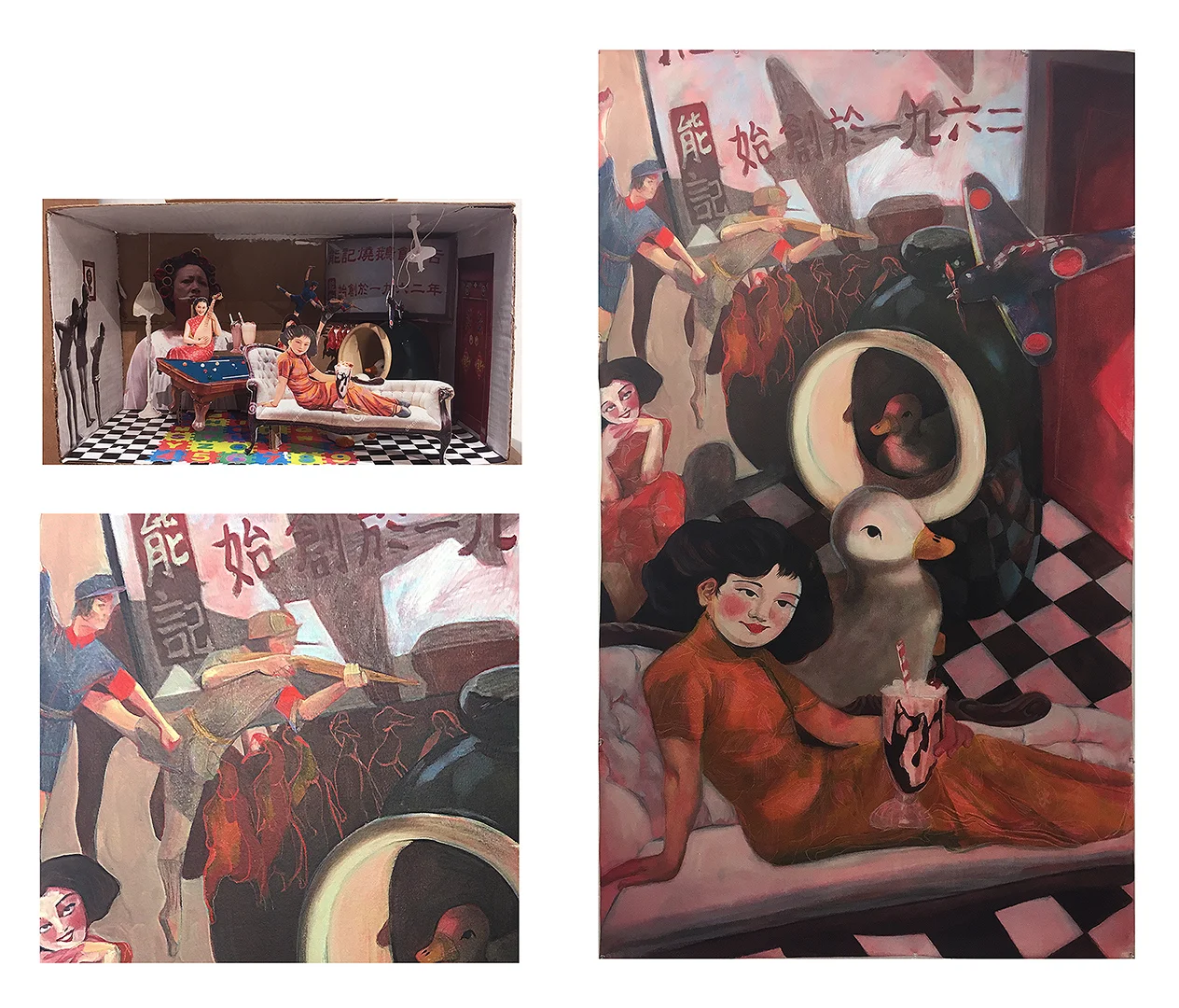 19. “Legacy”, by Pearl. Final Project. Oil paint on canvas. 2018. 40”x 60”. Painting 1: Color Perception and Expression, Illustration Department, RISD. Assignment: Select a narrative, personal or otherwise and create a still-life box collage. Using your box create your final painting.
