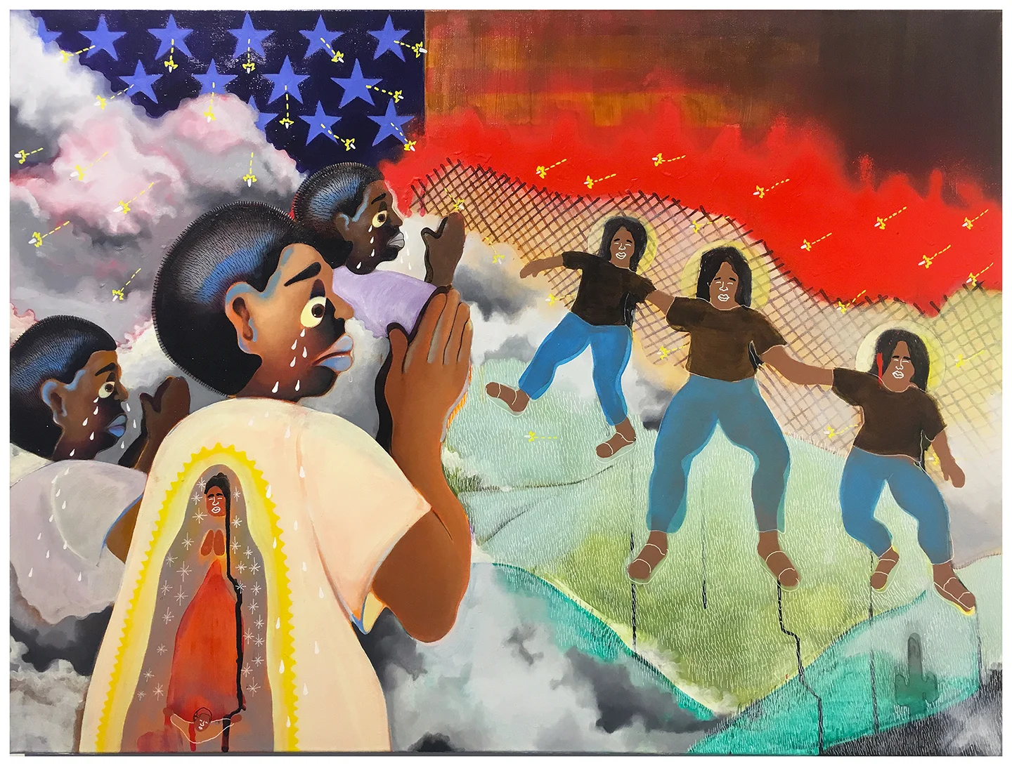 03. “Caravan” by Hector. Final Project. Oil paint and paint pen on canvas. 2018. approx 38”x 40”. Painting 1: Color Perception and Expression, Illustration Department, RISD. Assignment: Select a narrative, personal or otherwise and create a still-life box collage. Using your box create your final painting.
