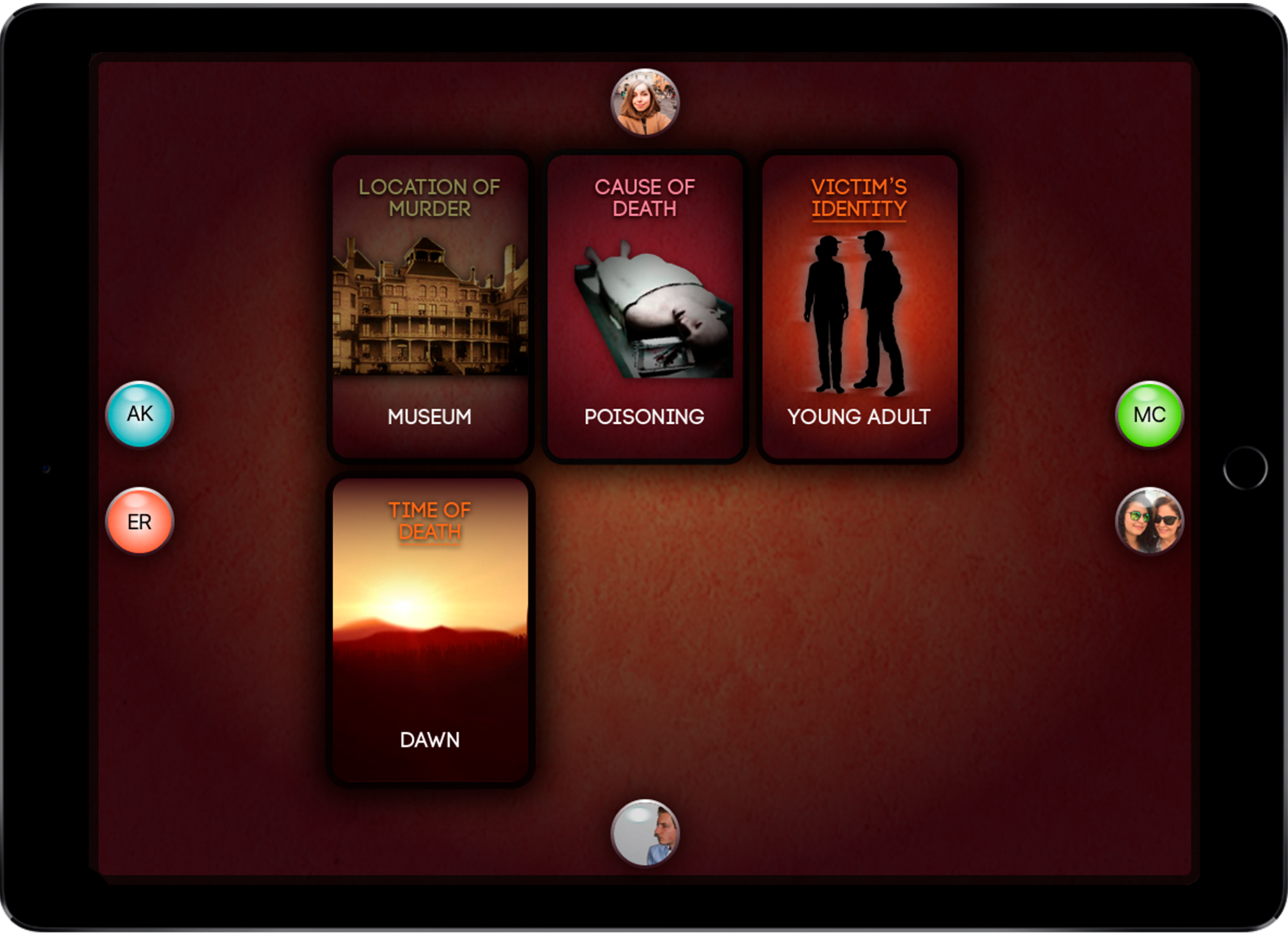 iPad screen with all hints that have been placed by the forensic scientist displayed.