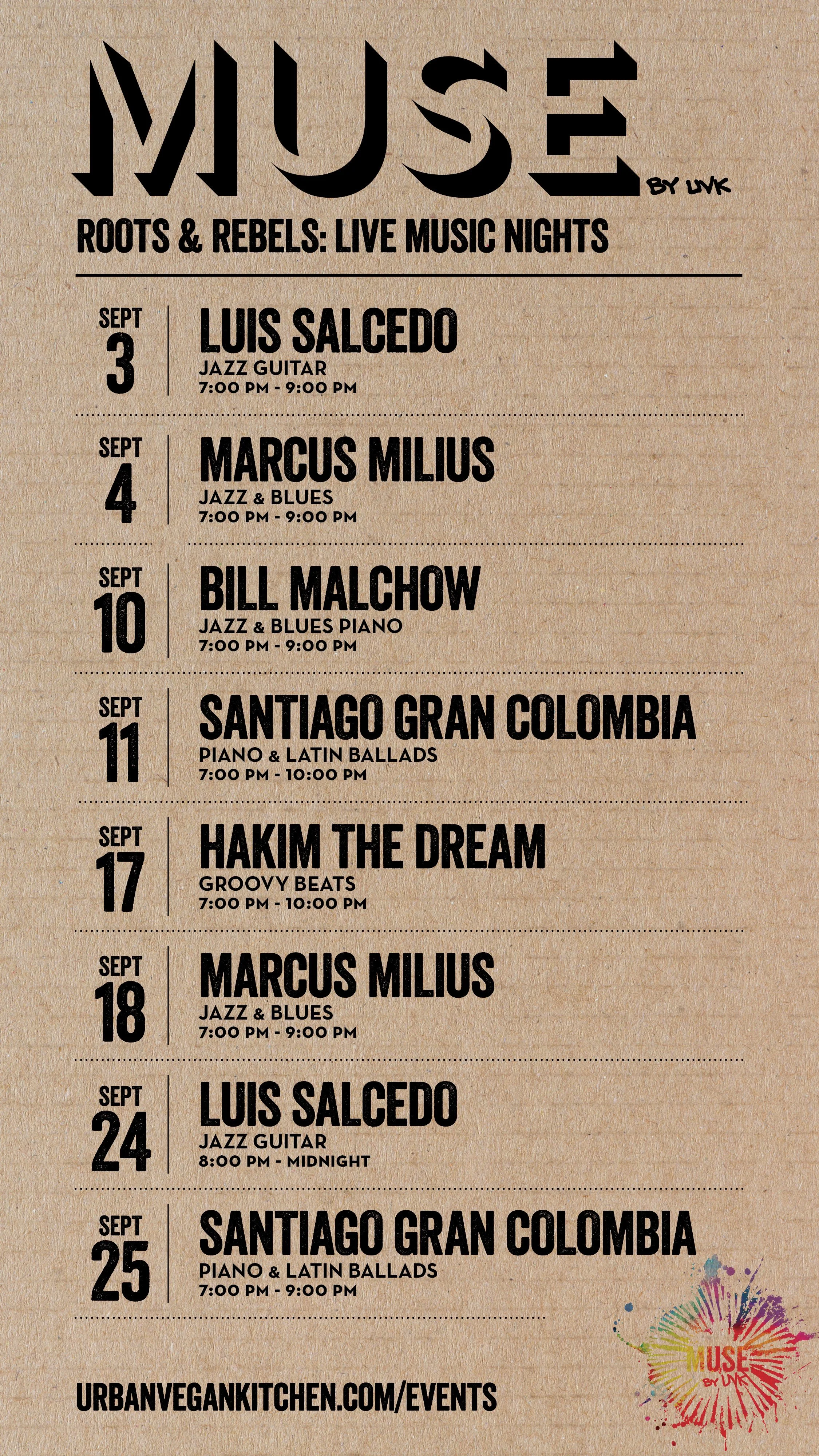 September 2026 Roots & Rebels live music lineup at Urban Vegan Kitchen in Chelsea NYC