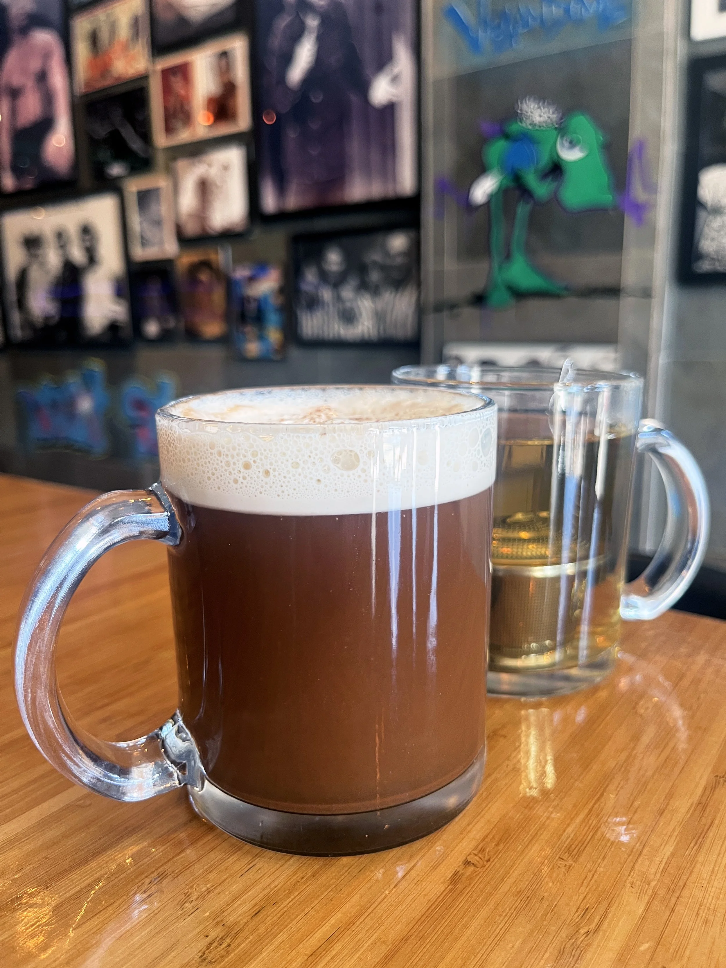 Muse by UVK mushroom coffee and Level Up functional herbal tea at Urban Vegan Kitchen in Chelsea, NYC.