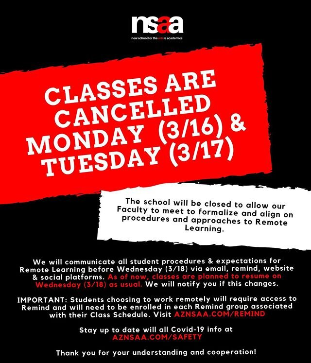 ATTENTION: CLASSES ARE CANCELLED ON MONDAY AND TUESDAY. Please read the attached announcement.