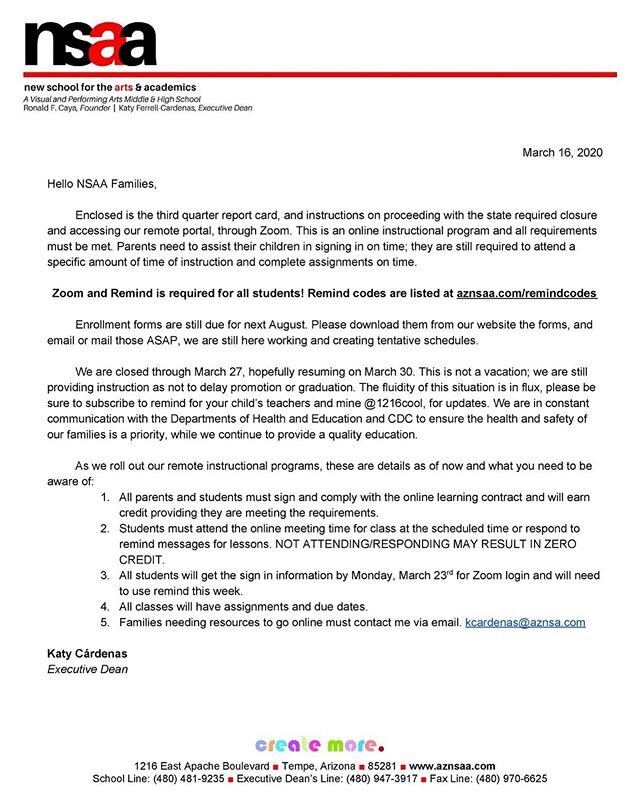 Quarter 3 Report Cards were sent home today along with the attached letter from the Dean regarding Remote Learning. Please take a few moments to read.