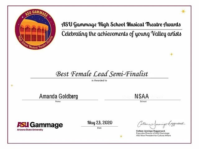 Congrats to Class of 2020 Graduate, Amanda Goldberg, for being named as a Semi-finalist for Best Lead Female in the ASU Gammage High School Musical Theatre Awards! ✨