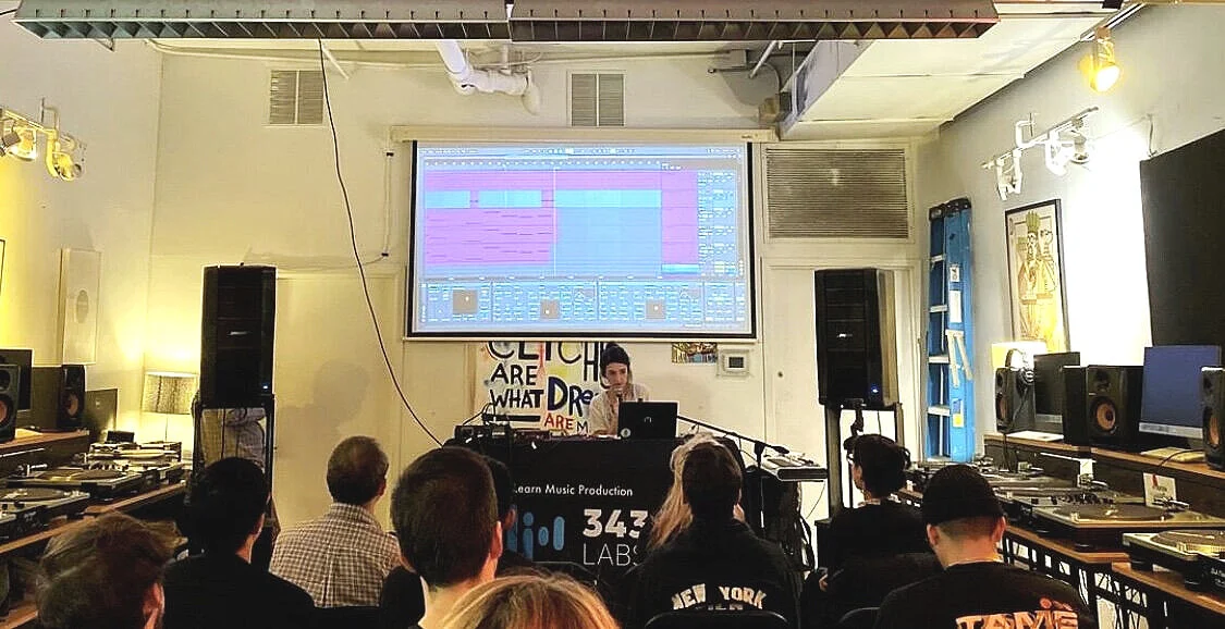 Illicit Ghost giving a production seminar on Ableton at 343 Labs, NYC.