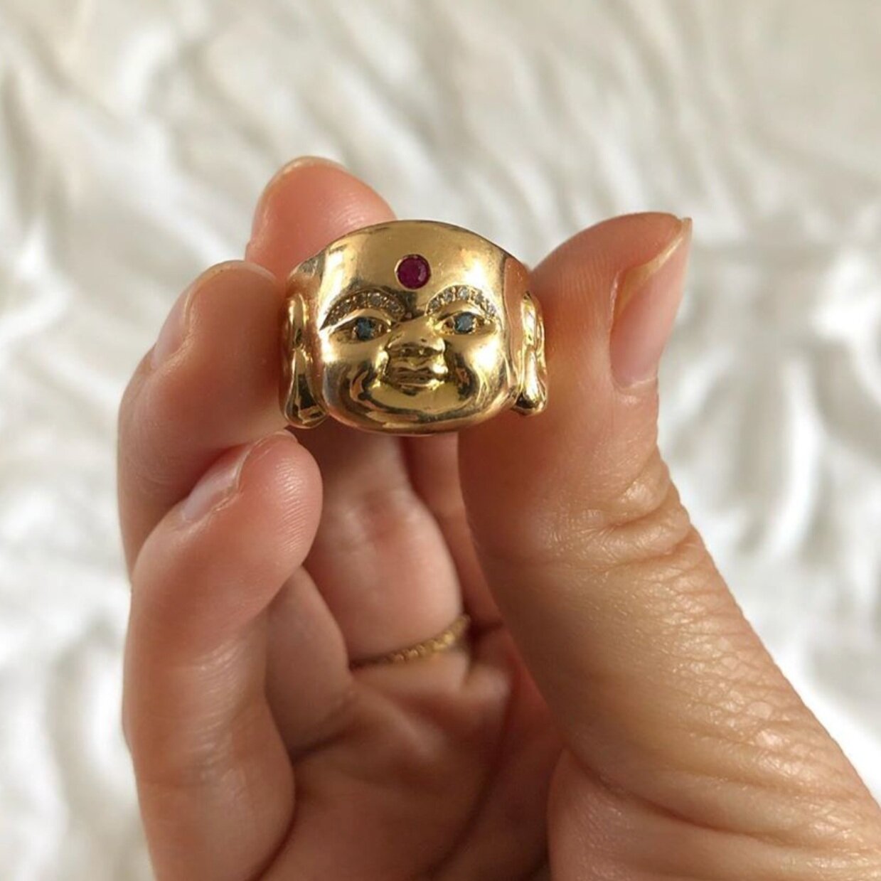 Budai Blue Eyes Ring Yellow Gold with Blue Diamond Eyes  (Made to Order)