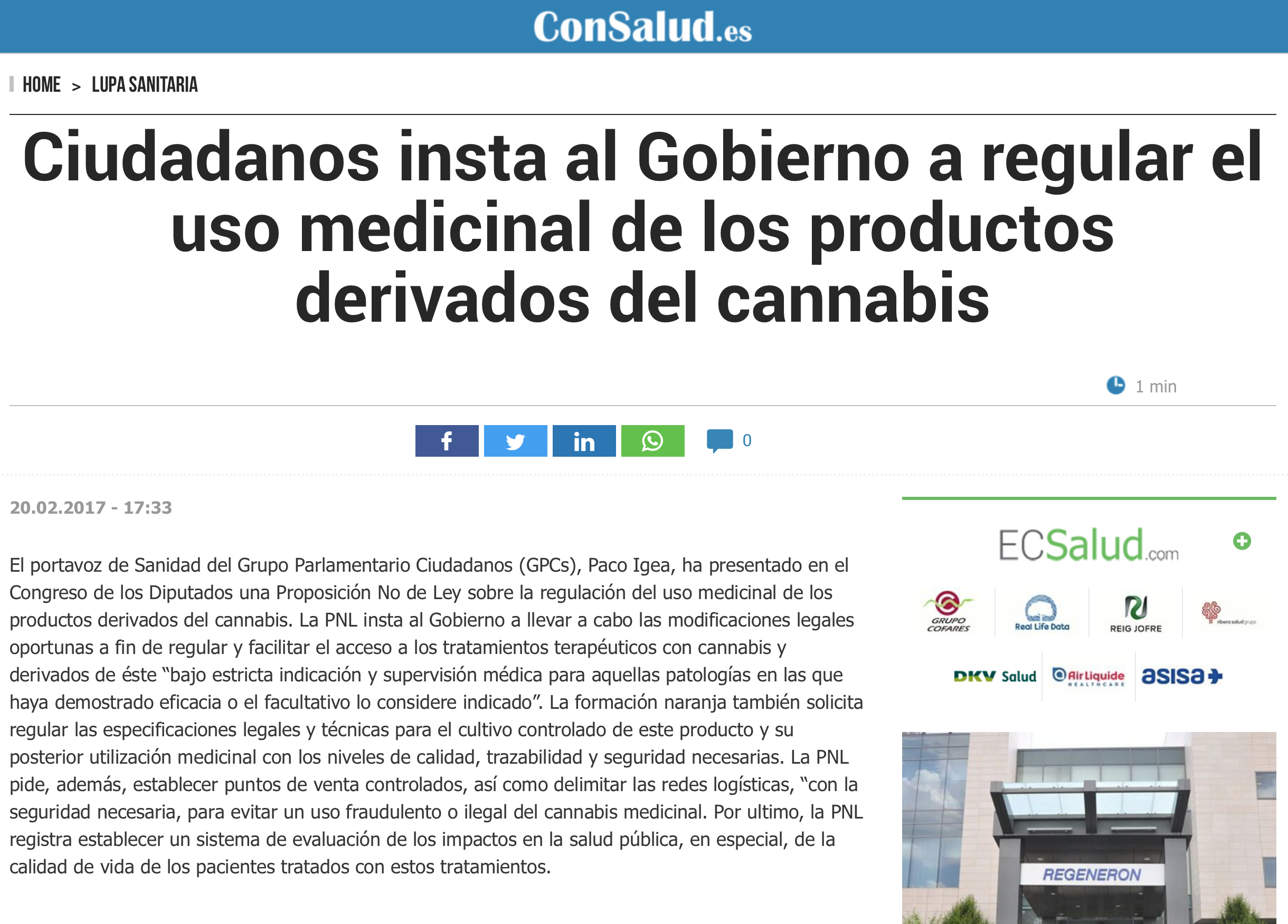 Ciudadanos insta al Gobierno a regular el uso medicinal de los productos derivados del cannabis