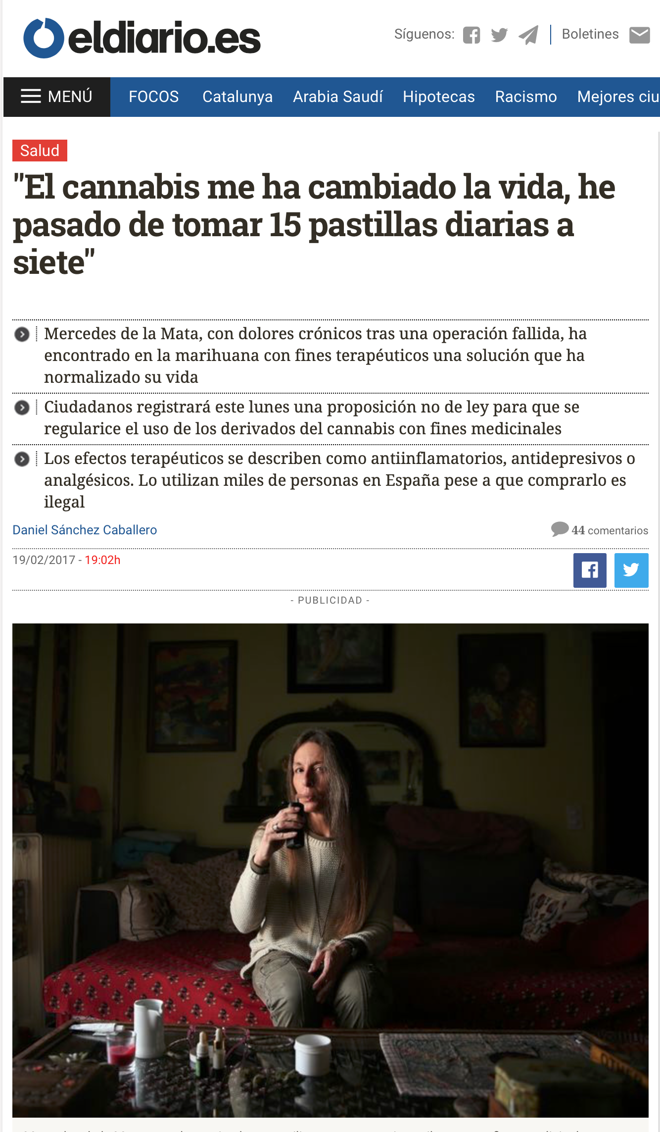 “El cannabis me ha cambiado la vida, he pasado de tomar 15 pastillas diarias a siete”