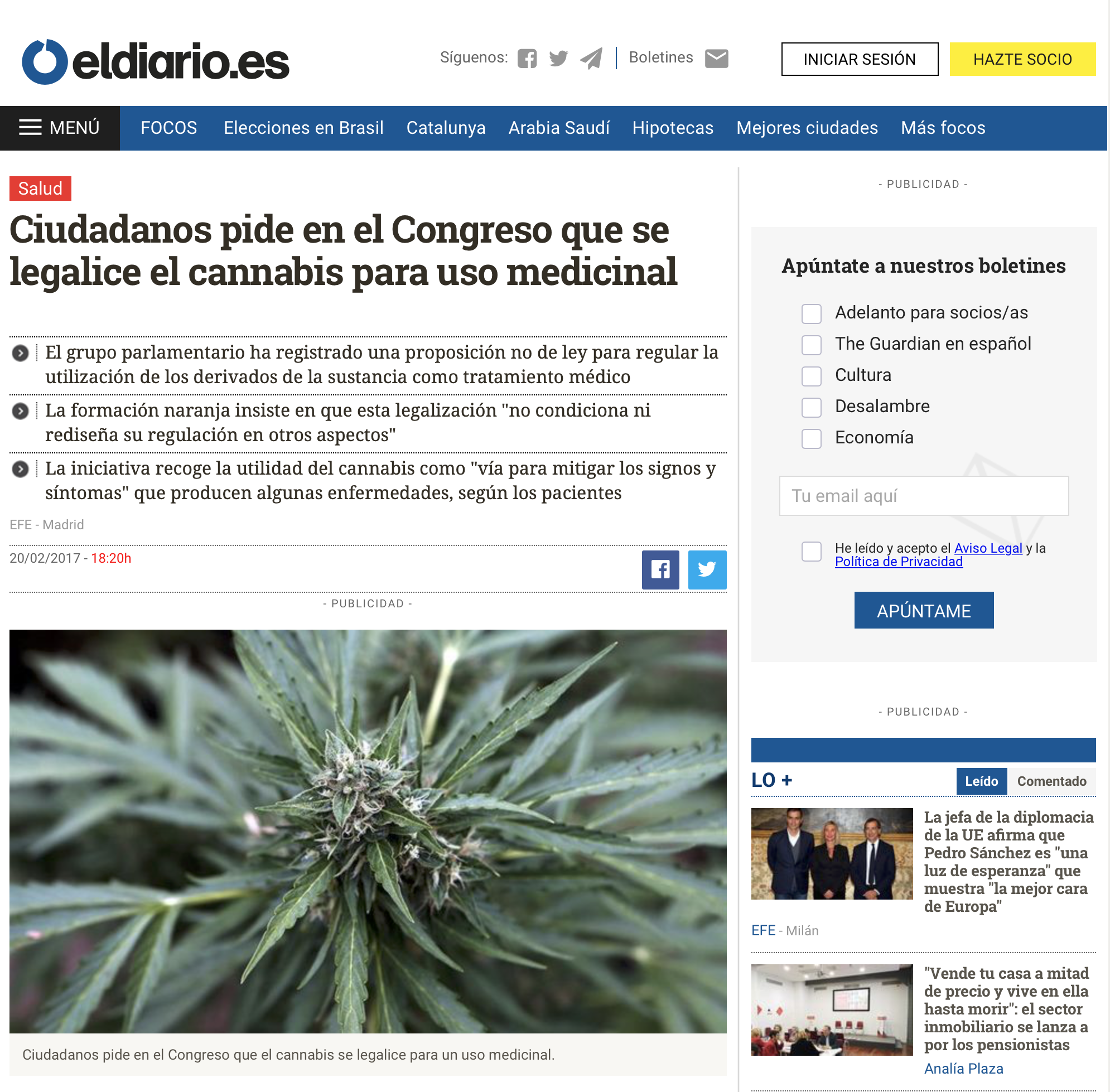 Ciudadanos pide en el Congreso que se legalice el cannabis para uso medicinal