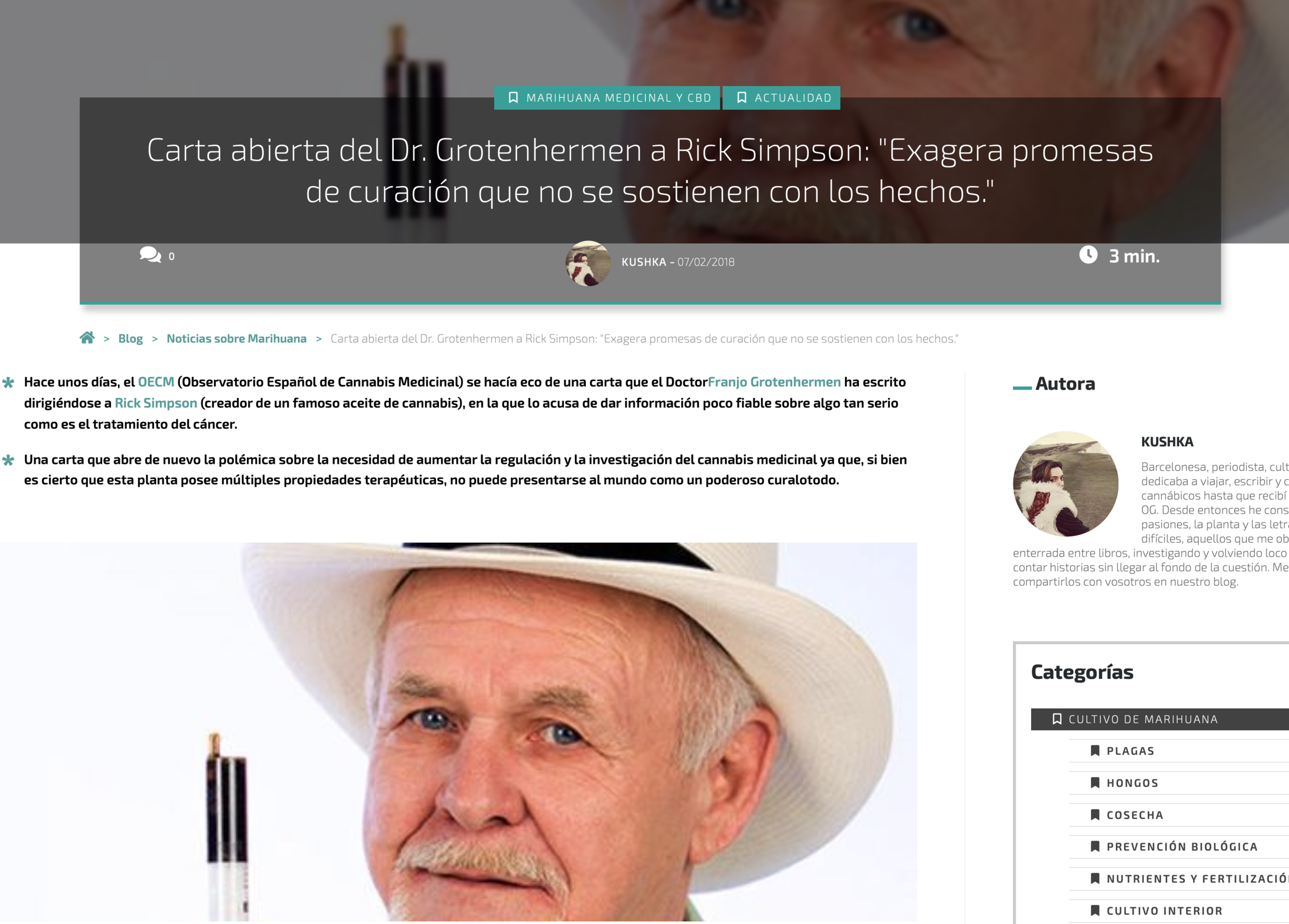 Carta abierta del Dr. Grotenhermen a Rick Simpson: "Exagera promesas de curación que no se sostienen con los hechos"