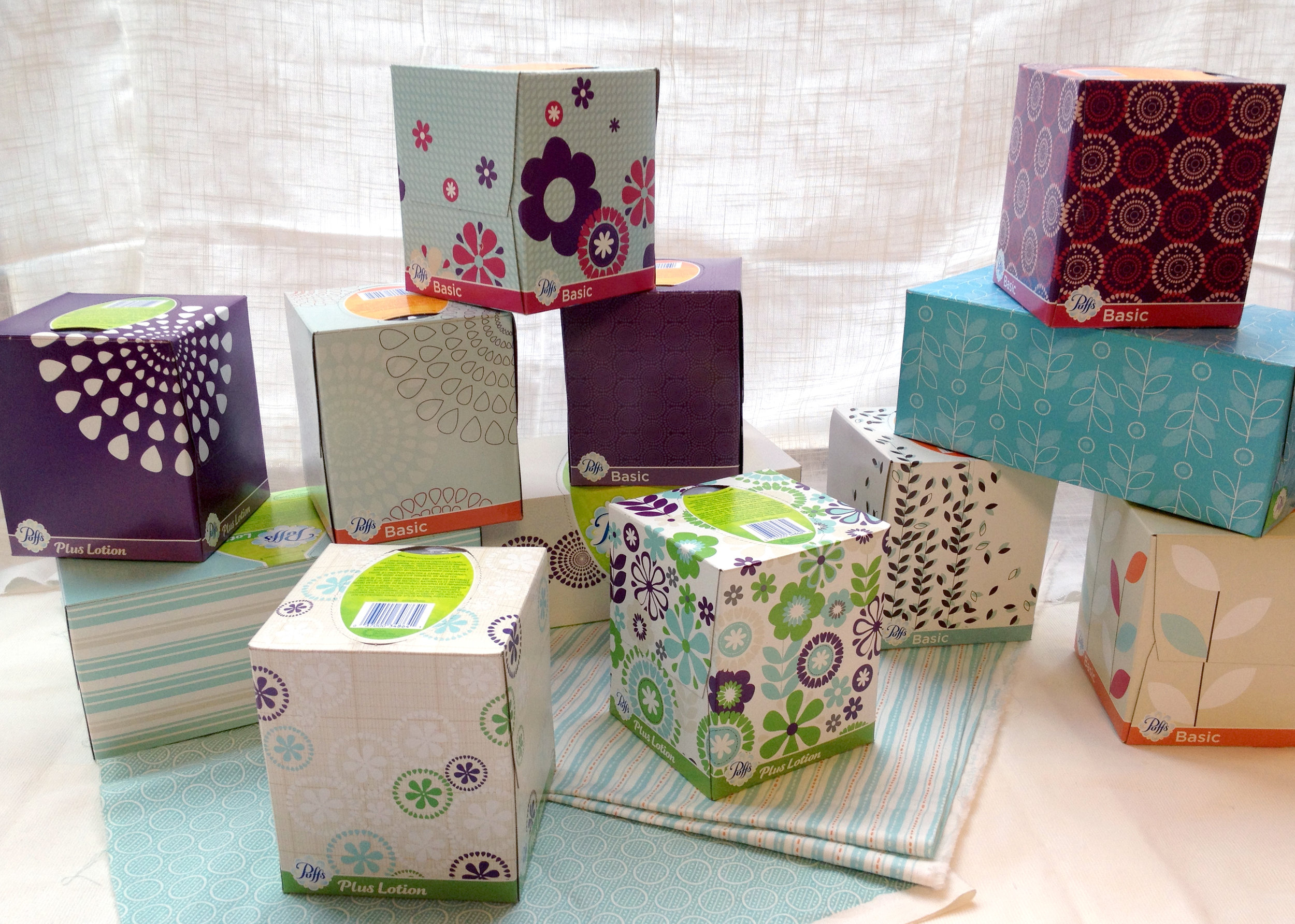After identifying trend spaces in home decor we purchased prints from a printhouse. From there I ideated designs from the one print to create a full collection for the 3 tiers within the Puffs portfolio.