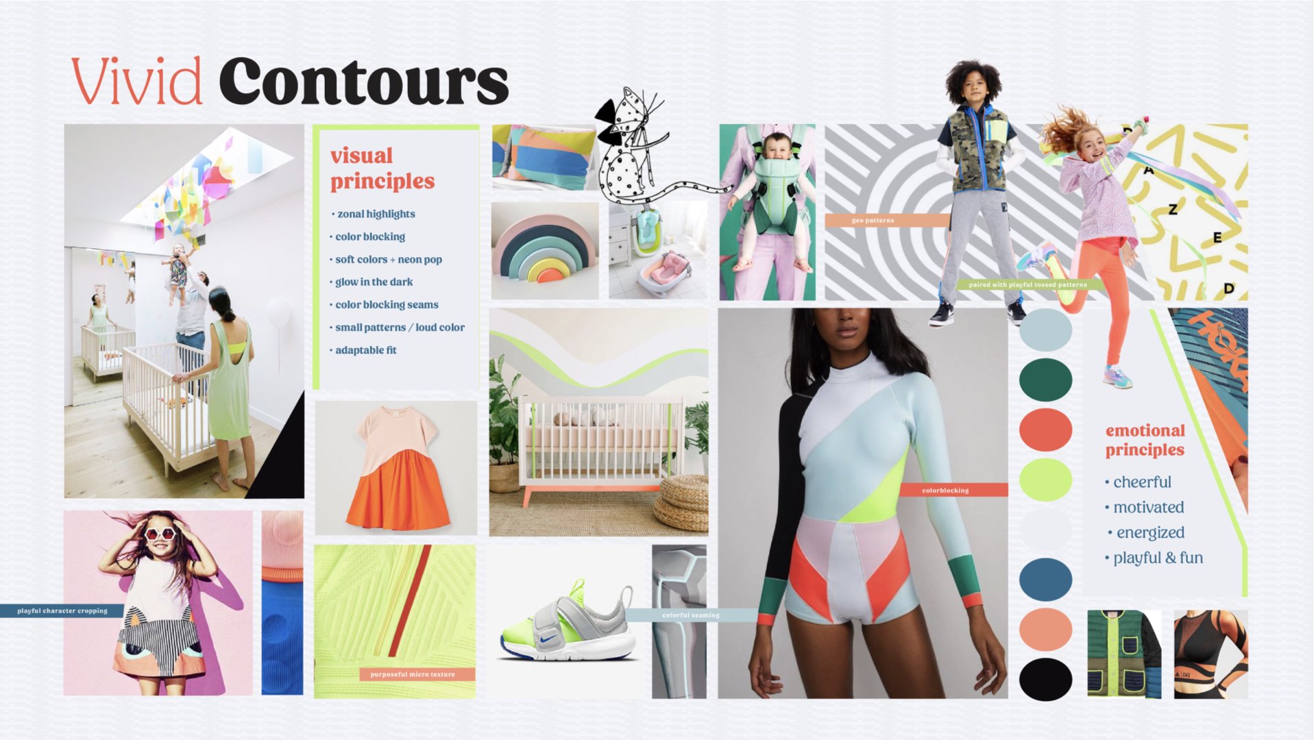 This design is all about zones of performance and using color blocking to showcase those areas. The inks would be bright to highlight areas of enhanced performance for movement and breathability. This design would also use glow in the dark inks to a