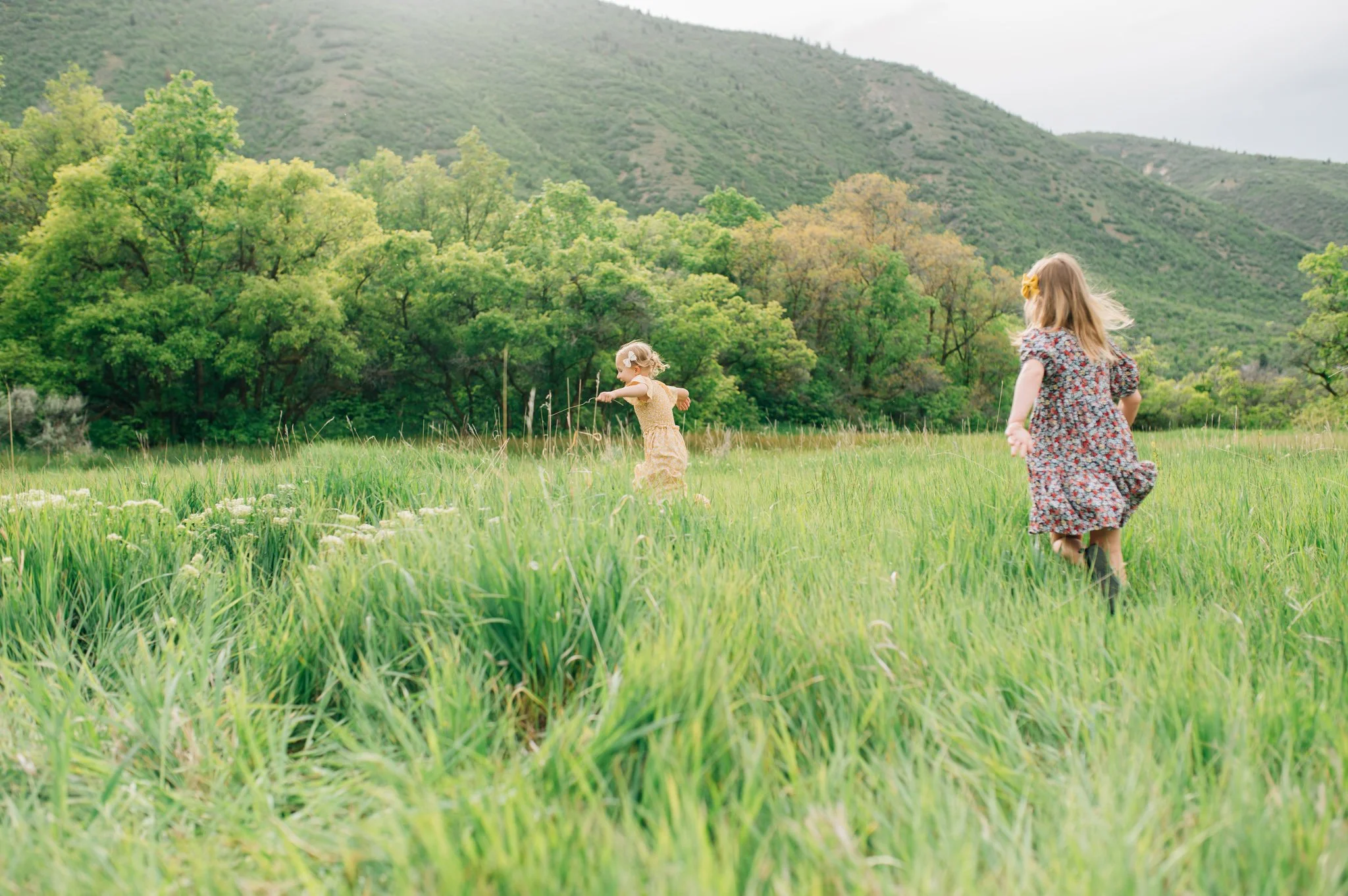 Two little girls run through tall grass in a mountain meadow with trees in the background