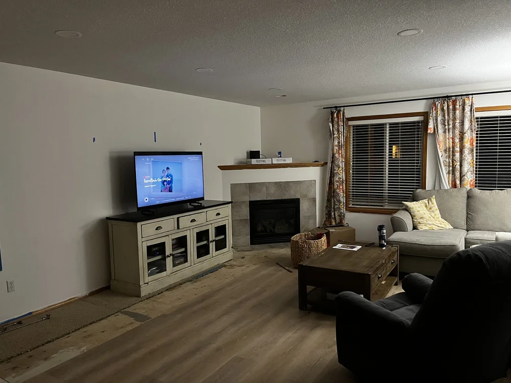 Living room with corner fireplace