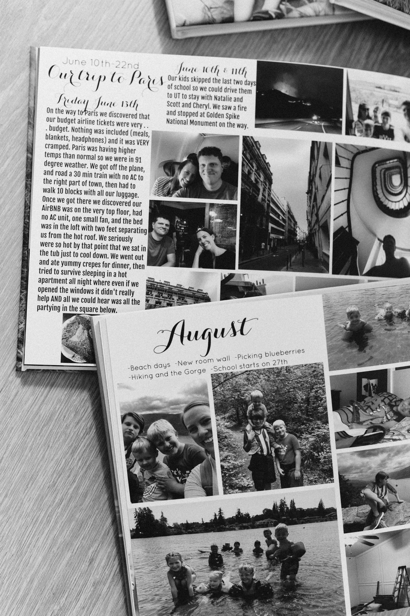 Two family photo books open to show photos and text on two different pages