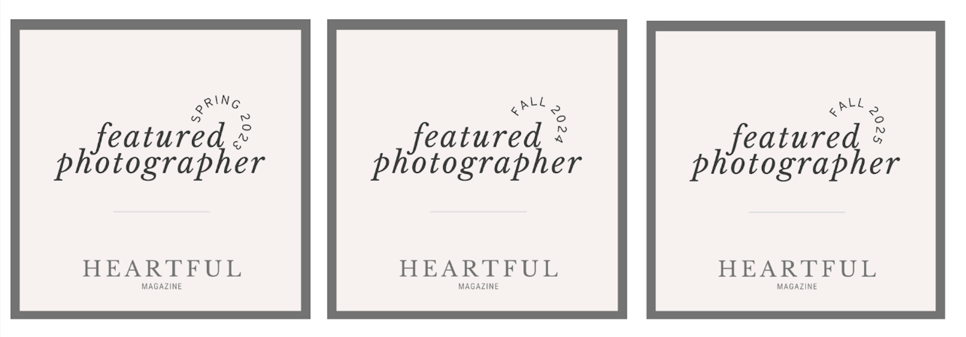 Three badges of Heartful Magazine issues that Portland Family Photographer Kristina Graff has been featured in