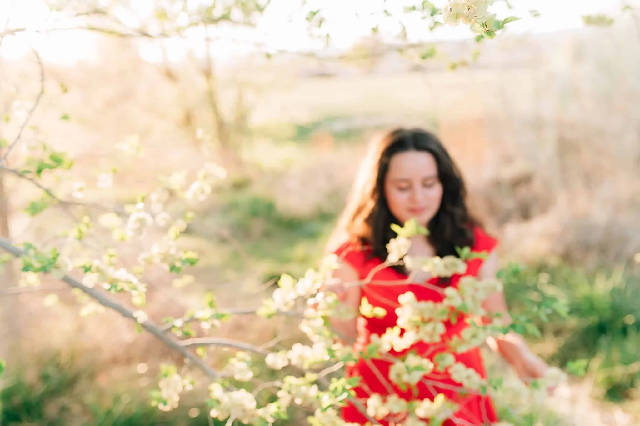out of focus image of girl in red dress walking behind flowering tree with white flowers