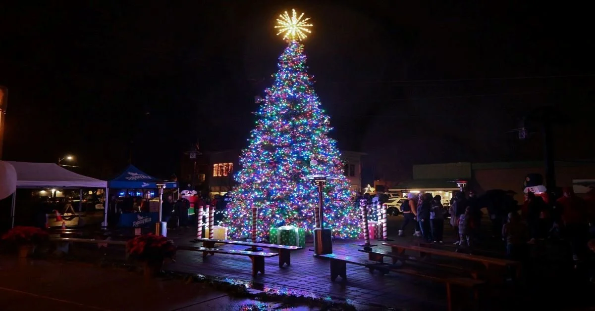 Large Christmas tree with star on top outdoors in Ridgefield, WA