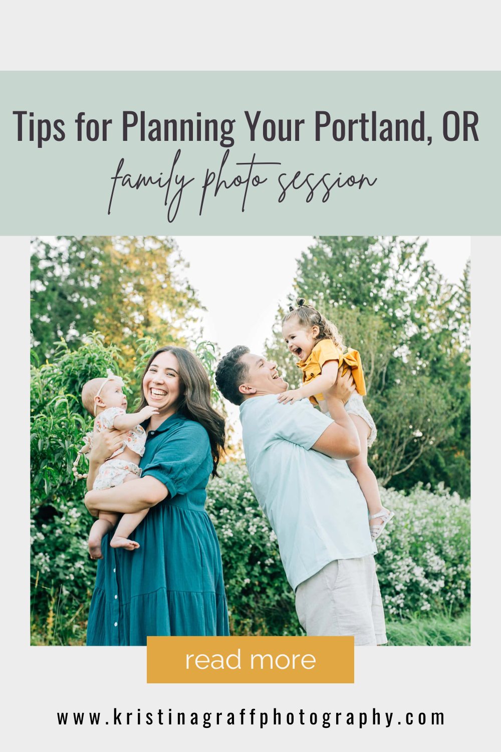 Family with two small kids laughing and smiling with text overlay "tips for planning your Portland, OR family photo session"
