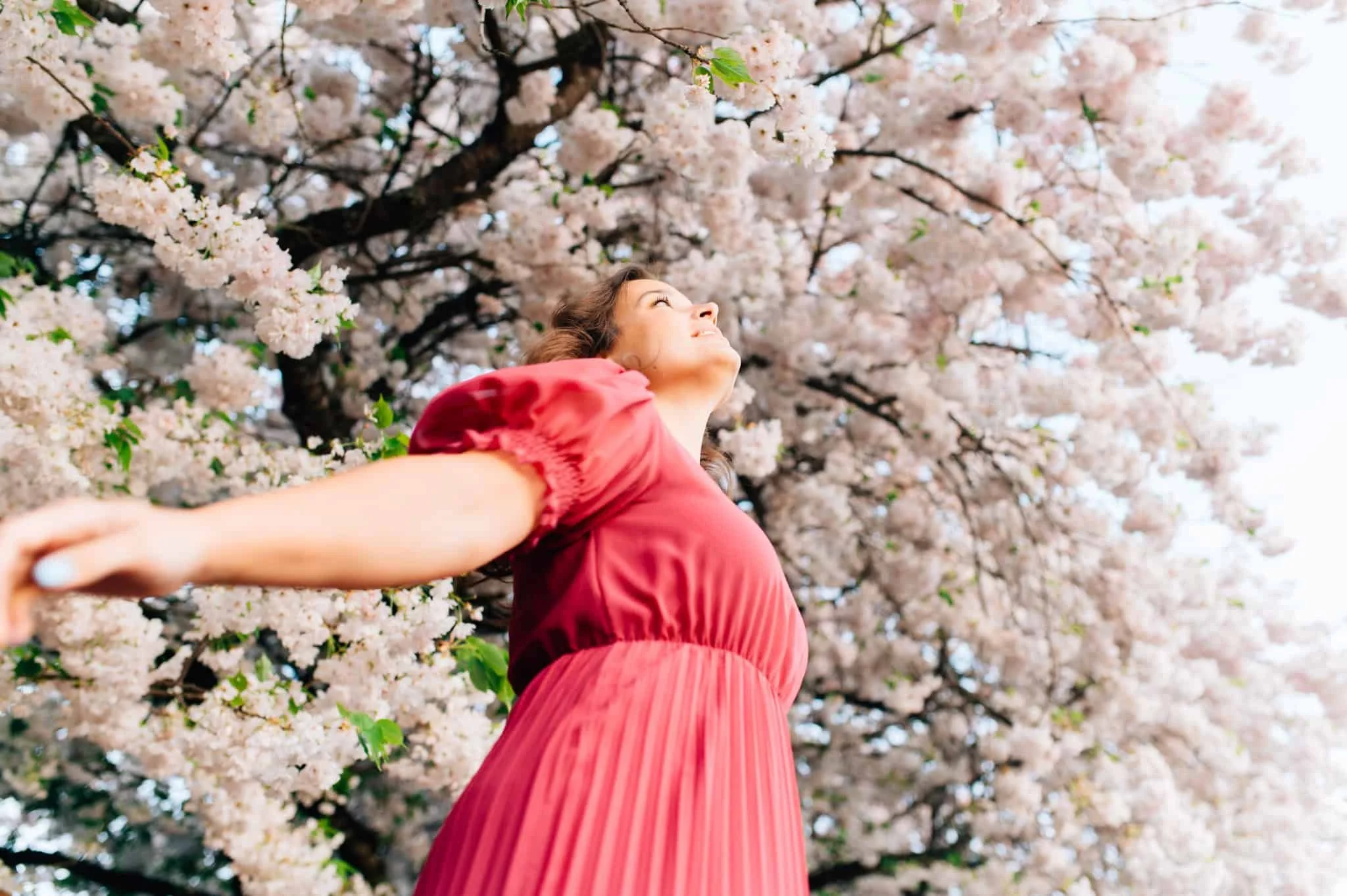 woman in pink dress with arms out wide looking up at sky with blossoming tree behind her