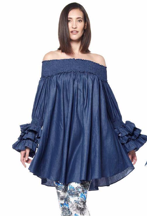 Denim Off-Shoulder Tunic Dress 